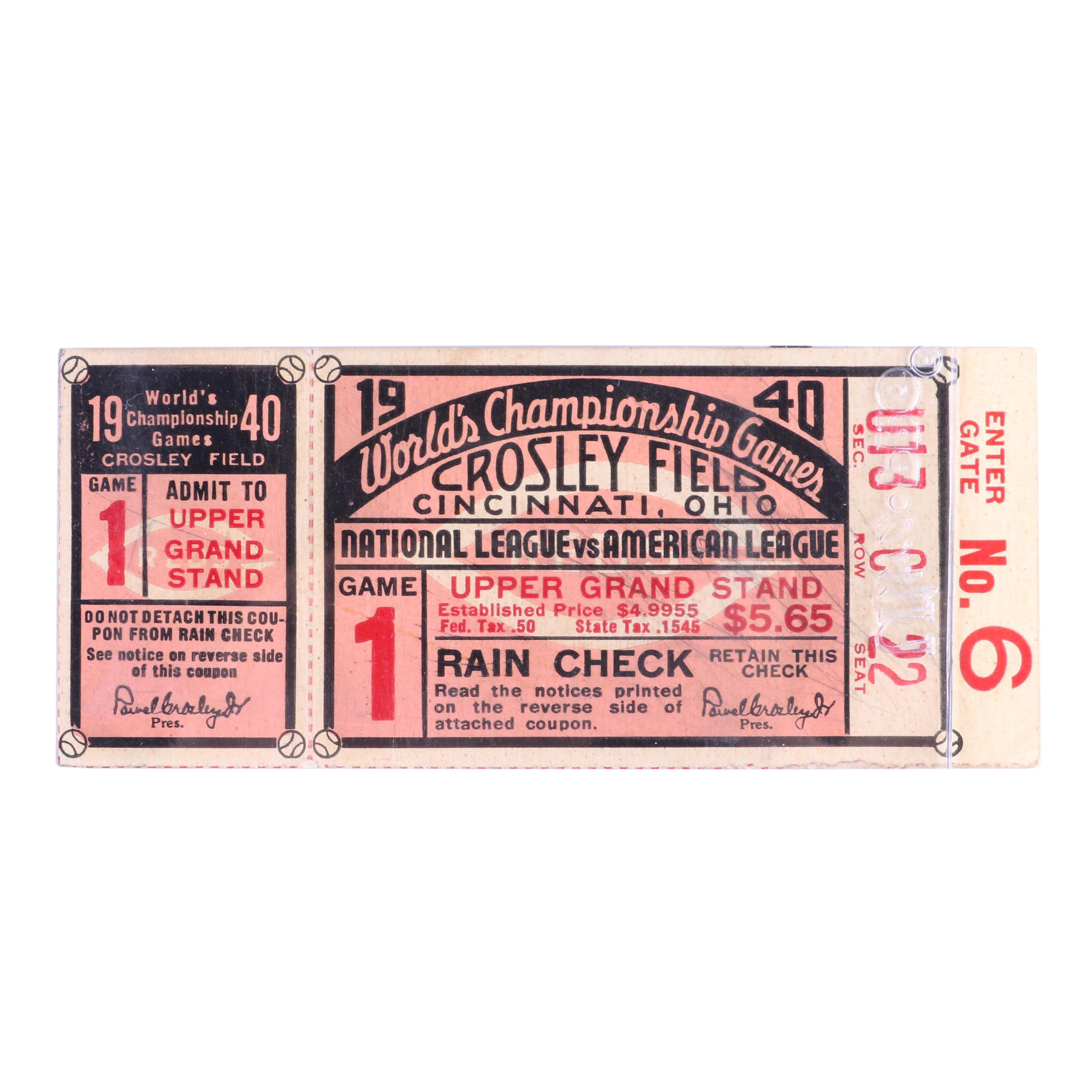 1940 MLB World Series Cincinnati Reds vs. Detroit Tigers Game 1 Ticket
