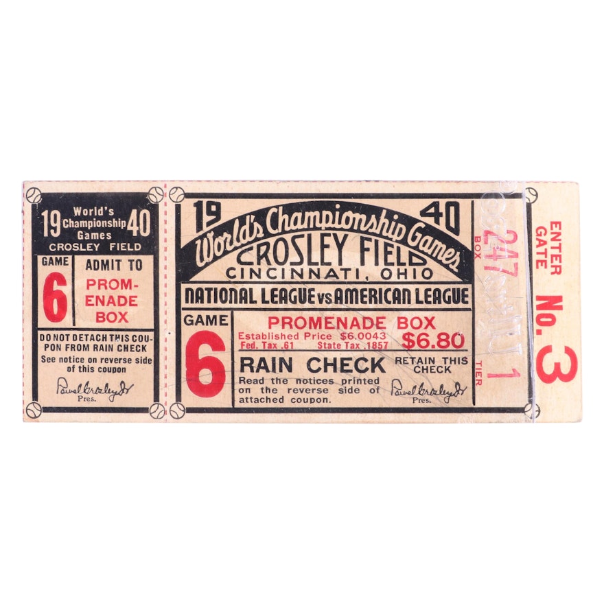 1940 MLB World Series Cincinnati Reds vs. Detroit Tigers Game 6 Ticket