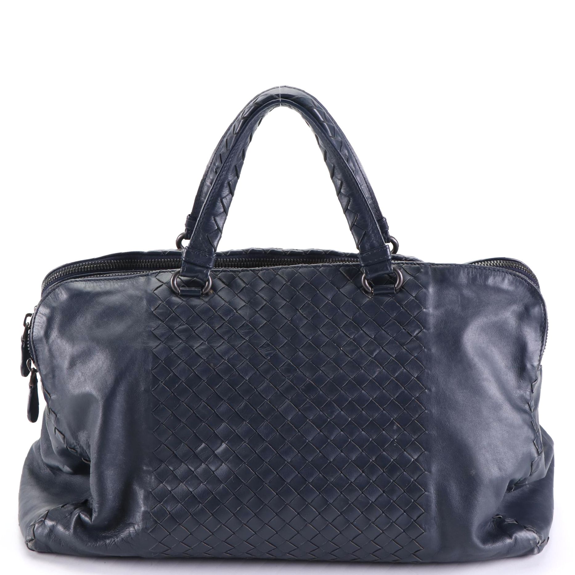 Bottega Veneta Medium Satchel in Dark Blue Intrecciato Leggero Leather