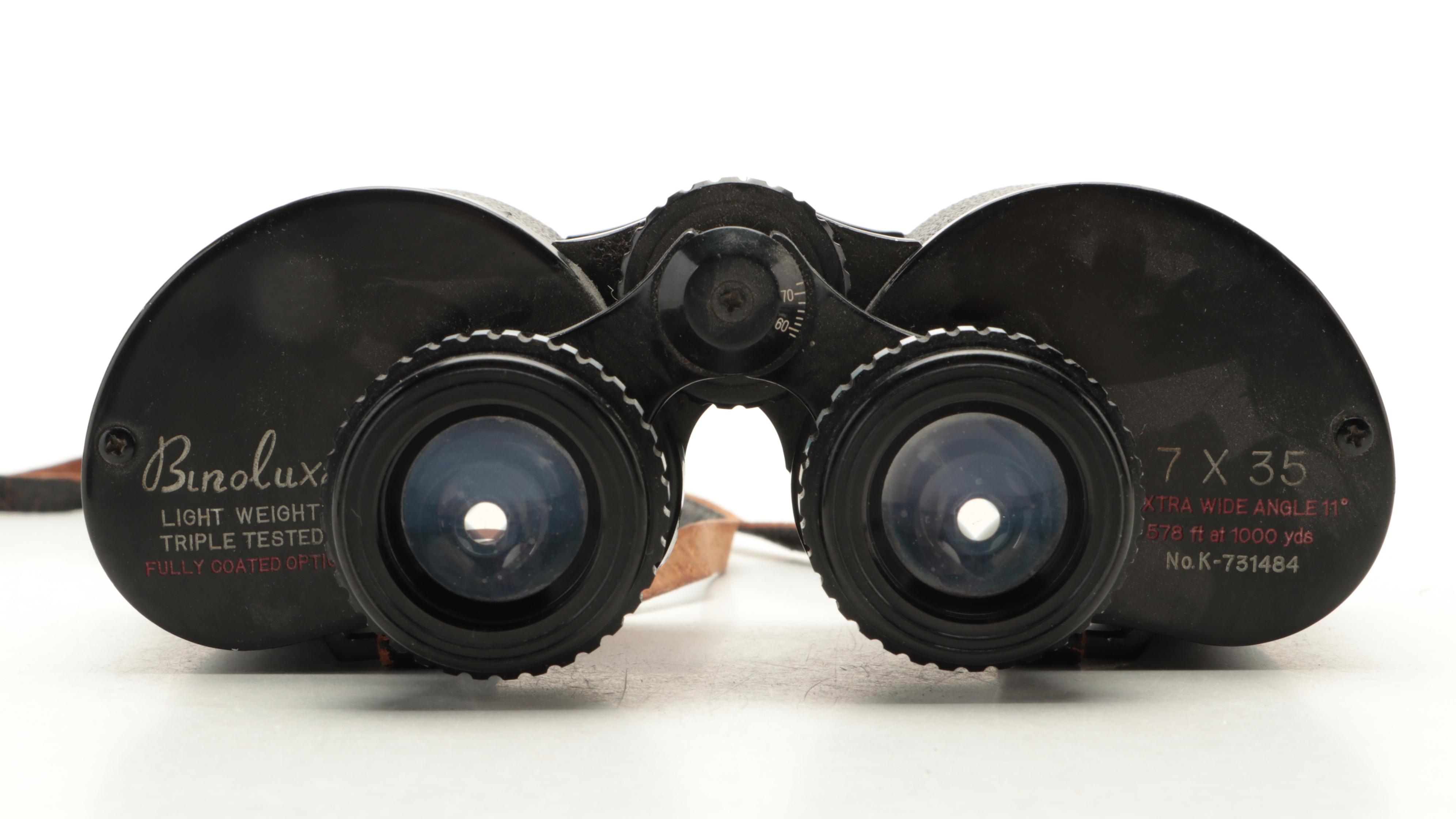 King and Binolux 7 x 35 Binoculars with Case, Mid to Late 20th Century