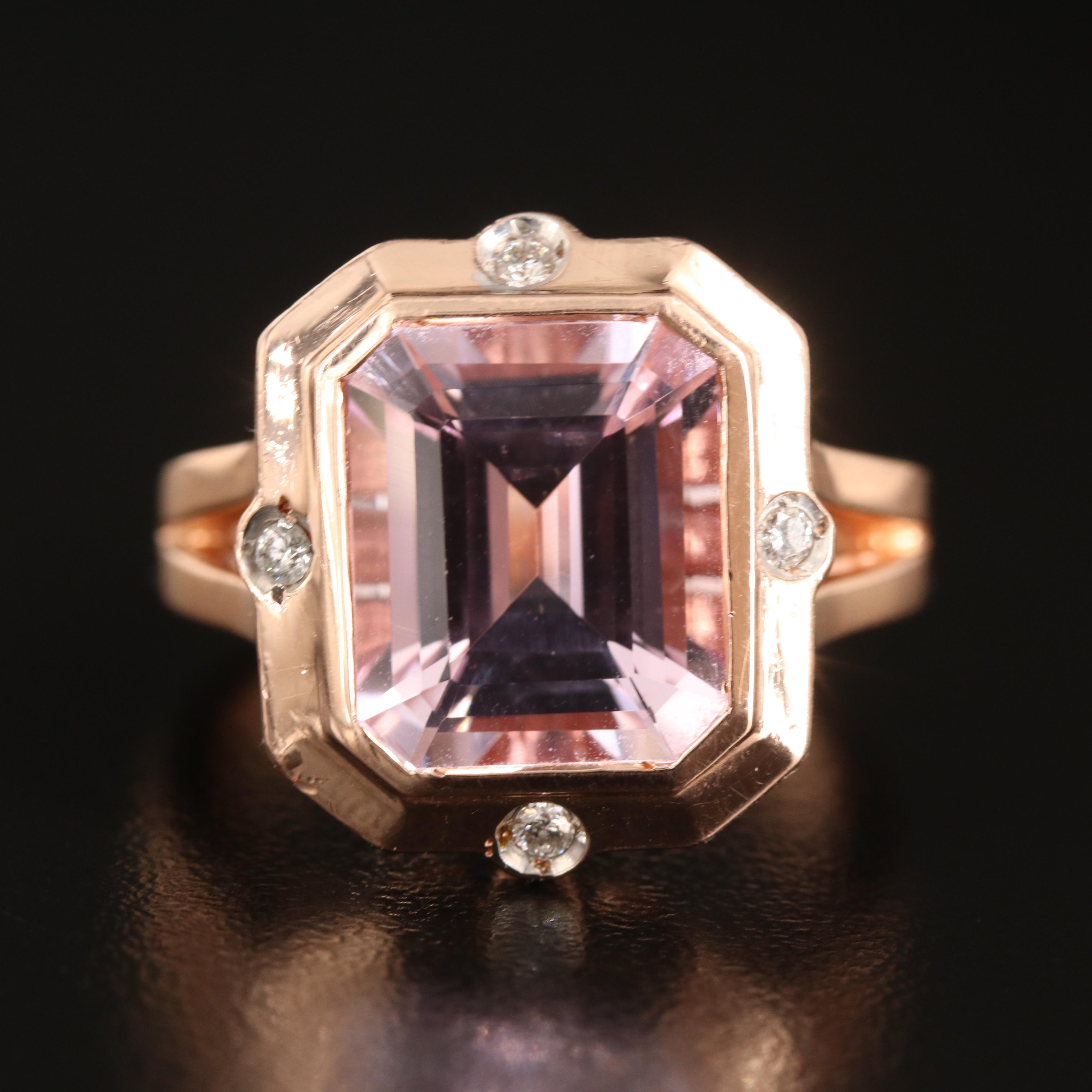 14K Rose Gold 8.44 CT Kunzite and Diamond Ring