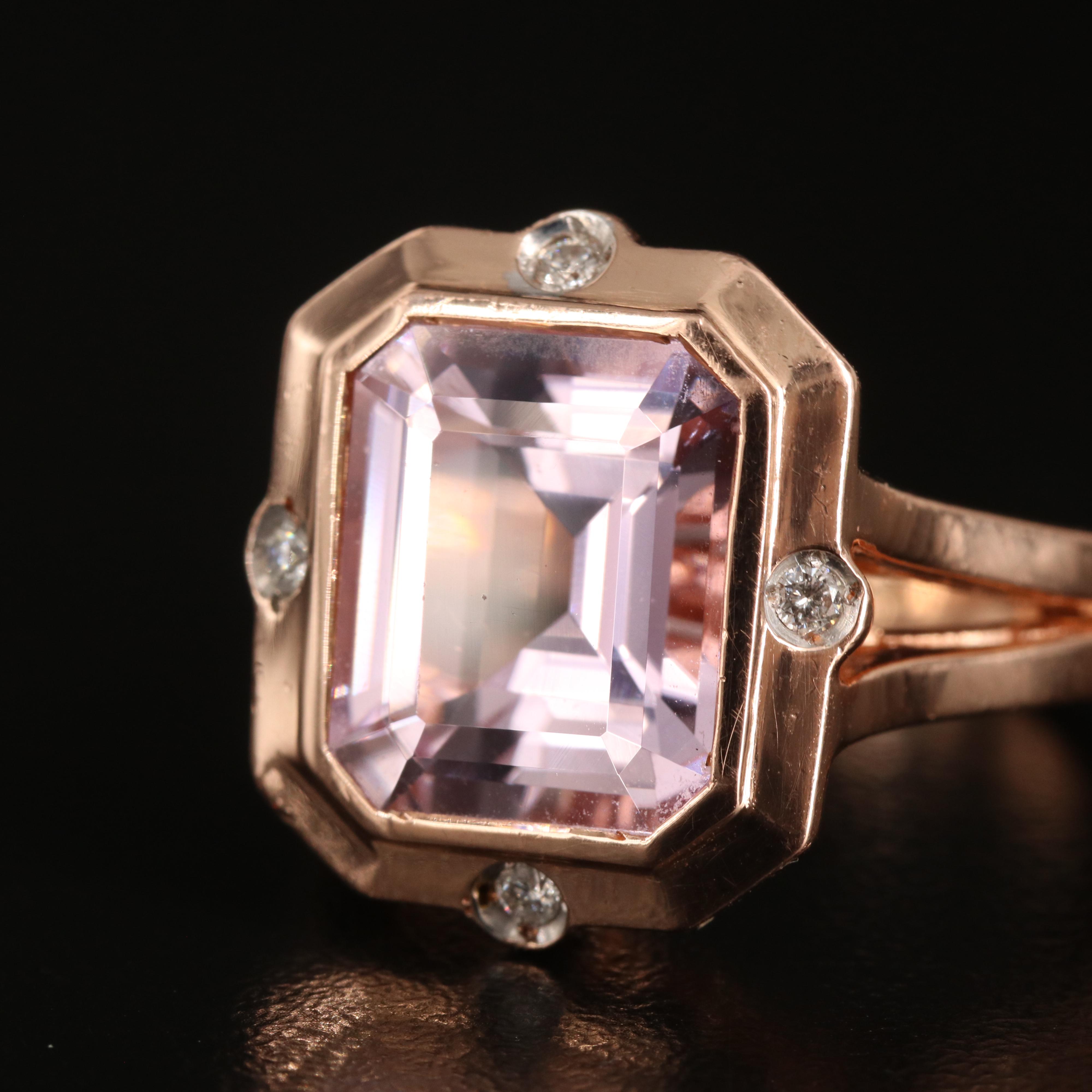 14K Rose Gold 8.44 CT Kunzite and Diamond Ring