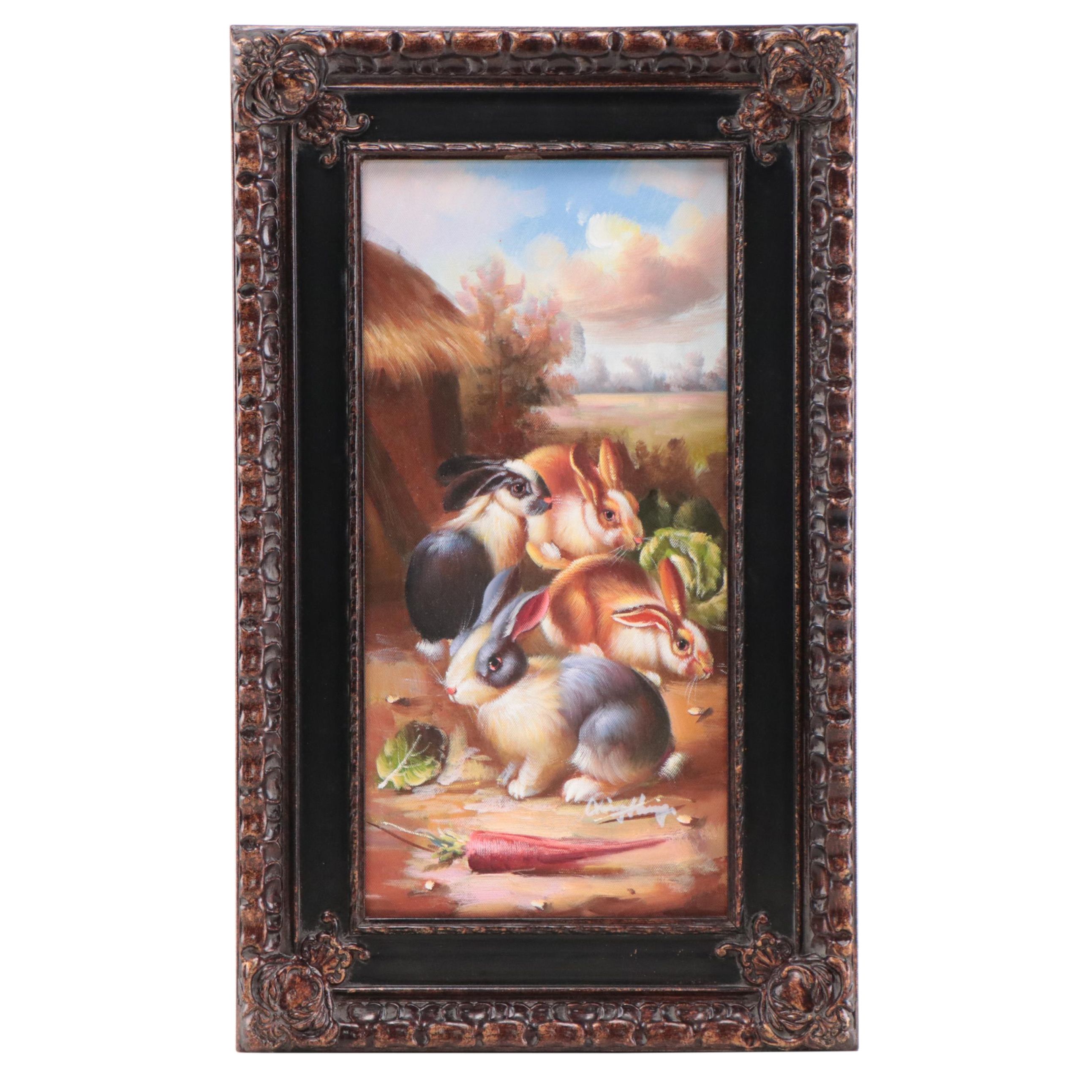 Oil Painting of Rabbits, Circa 2000