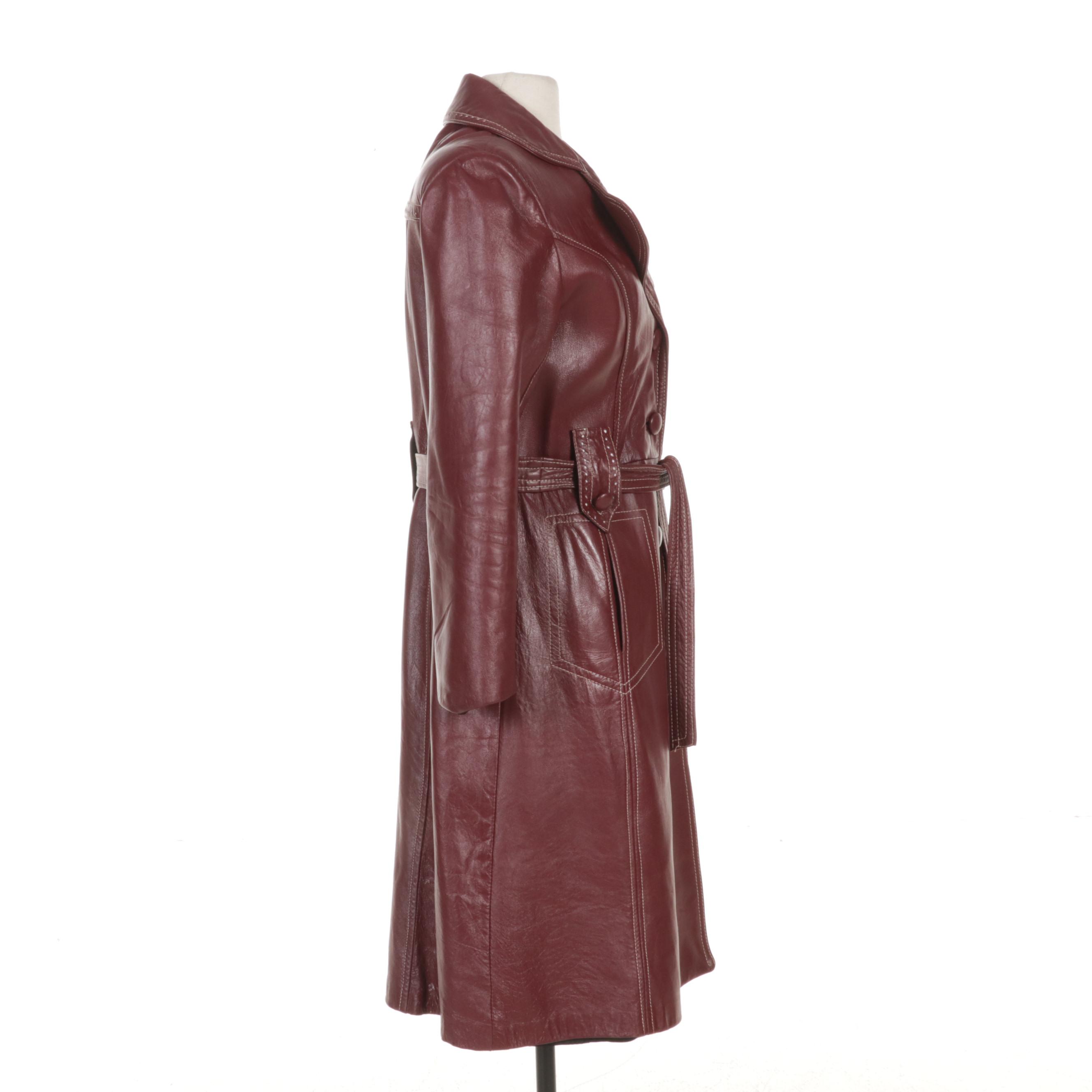 Women's Leather Trench Coat with Contrast Stitching and Tie Belt