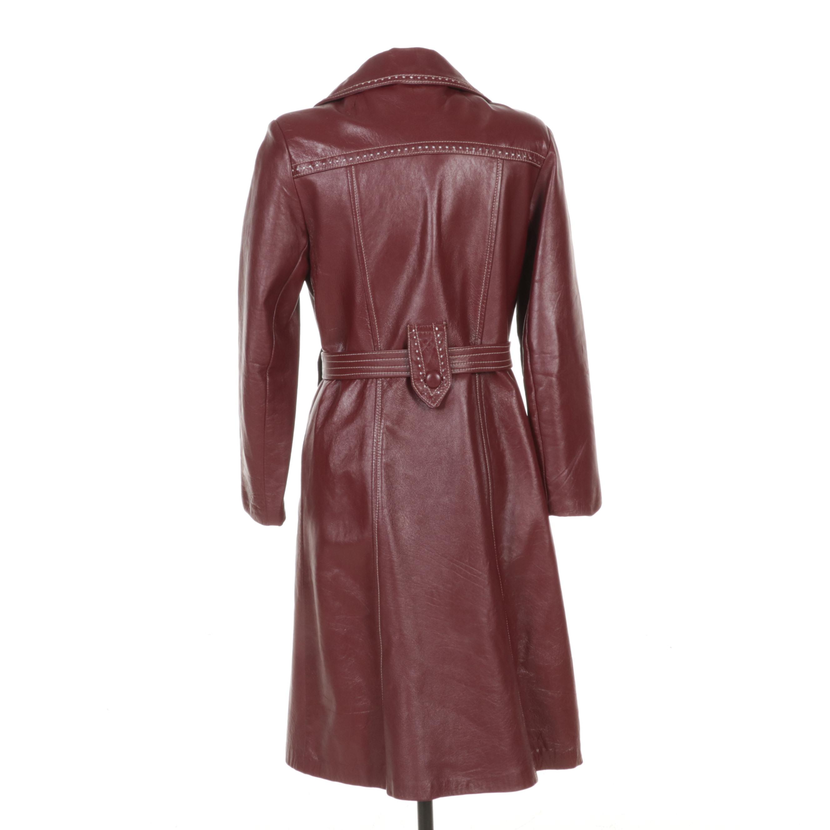 Women's Leather Trench Coat with Contrast Stitching and Tie Belt