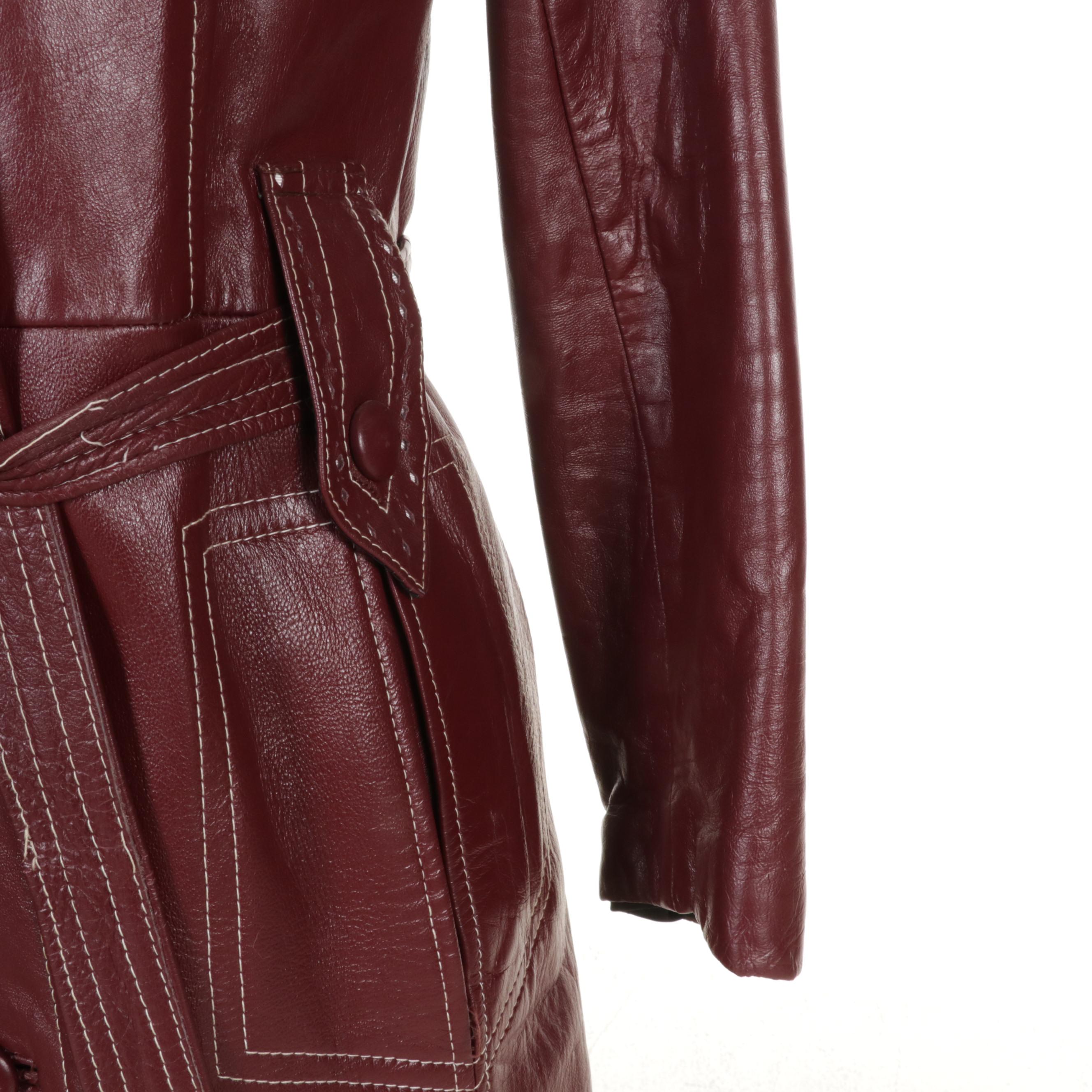 Women's Leather Trench Coat with Contrast Stitching and Tie Belt