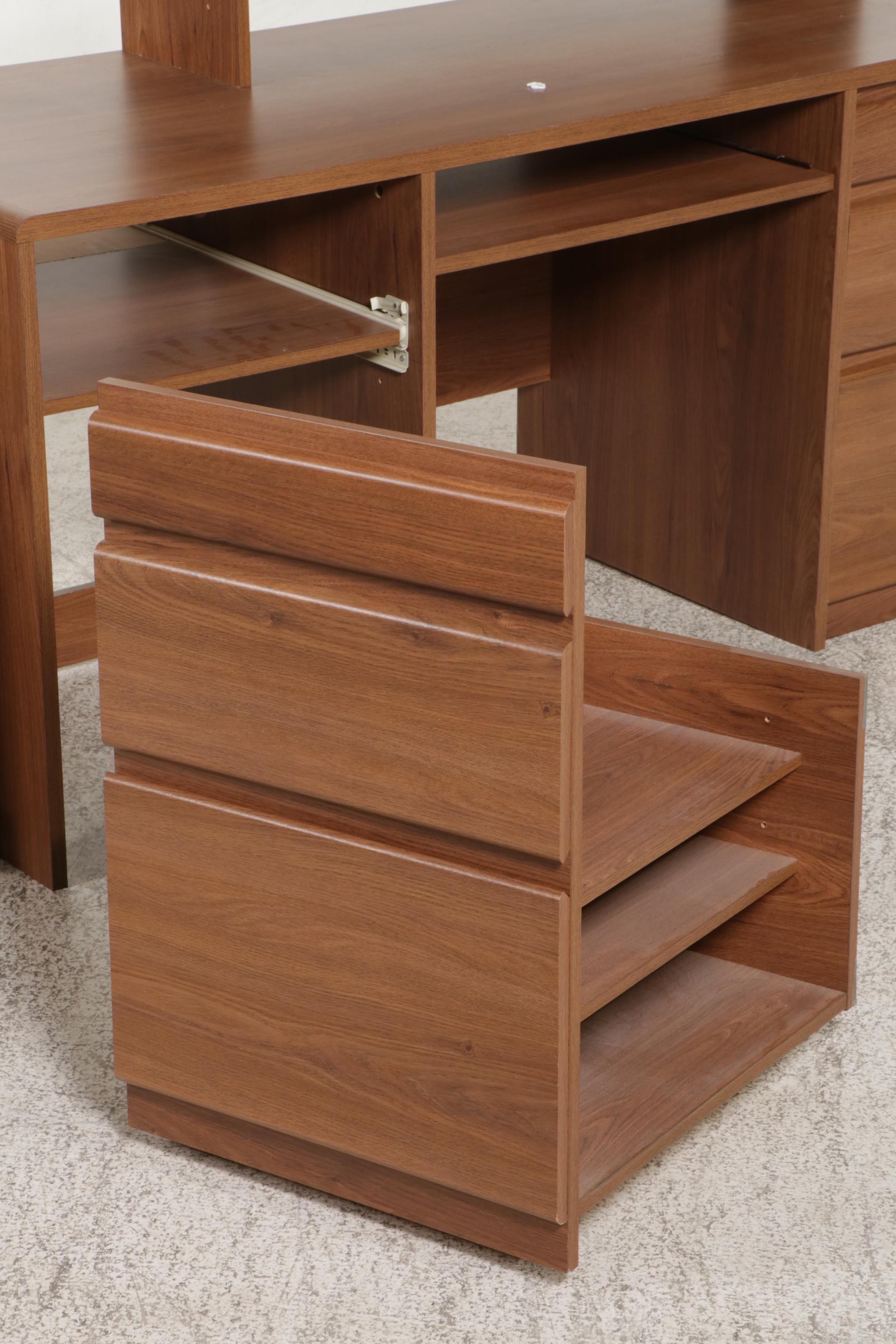 Wood-Grained Computer Desk with Hutch and File Cabinet, Late 20th Century