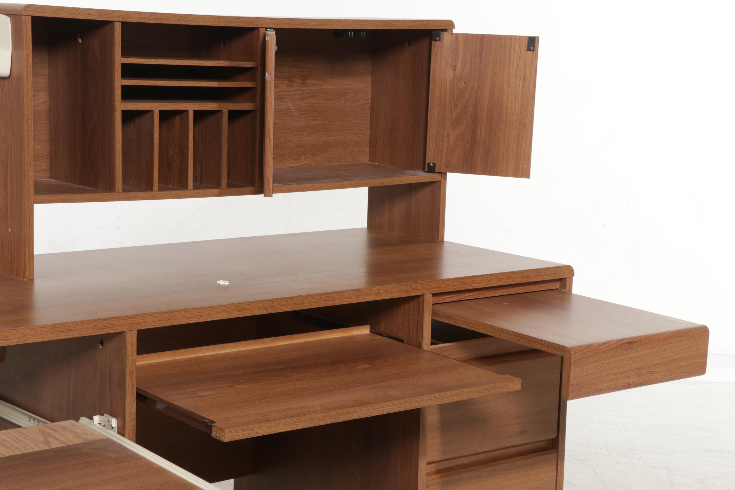 Wood-Grained Computer Desk with Hutch and File Cabinet, Late 20th Century