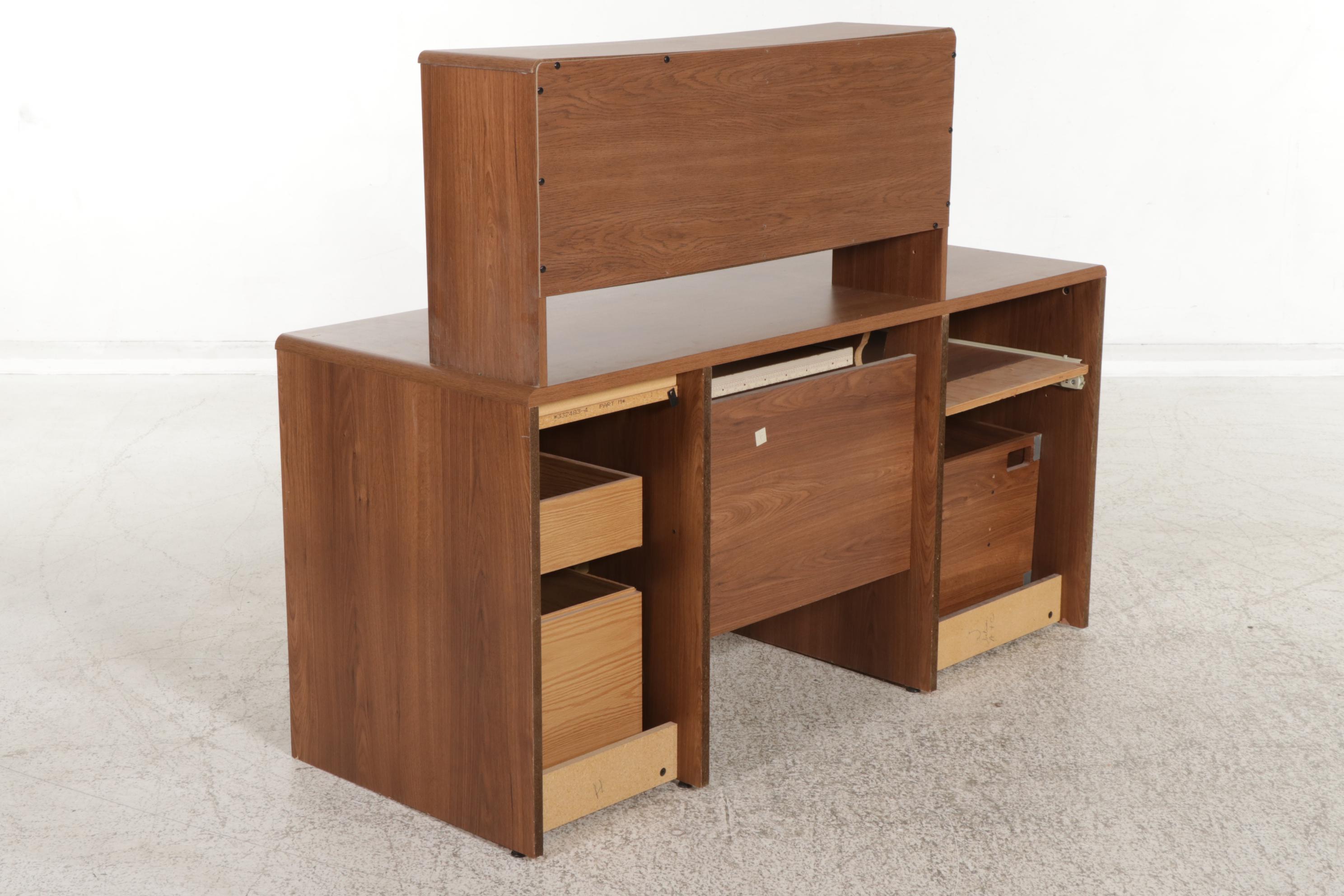 Wood-Grained Computer Desk with Hutch and File Cabinet, Late 20th Century