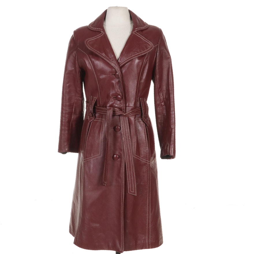 Women's Leather Trench Coat with Contrast Stitching and Tie Belt