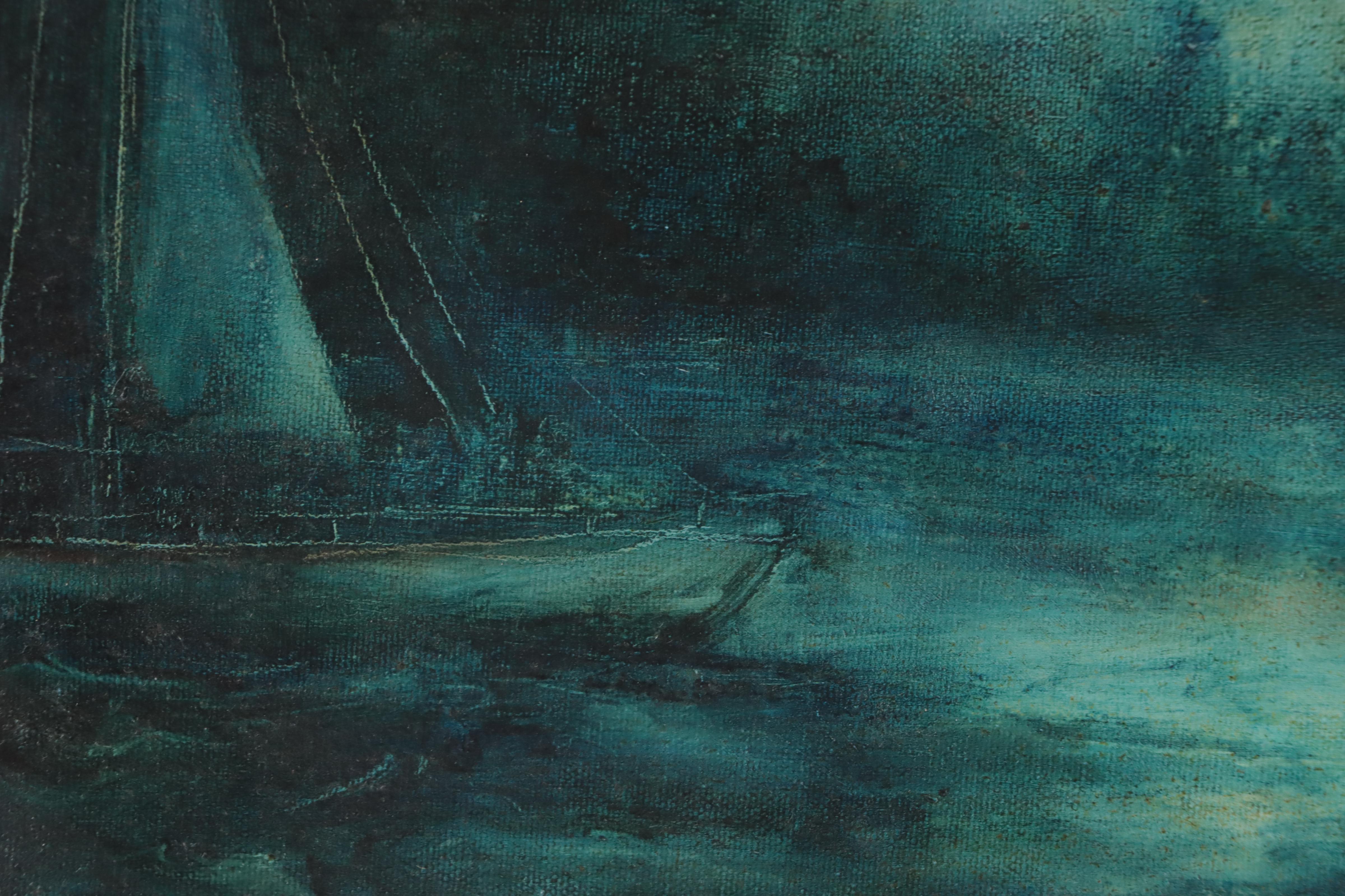 Evelyn Nash Nocturne Nautical Oil Painting, 1971