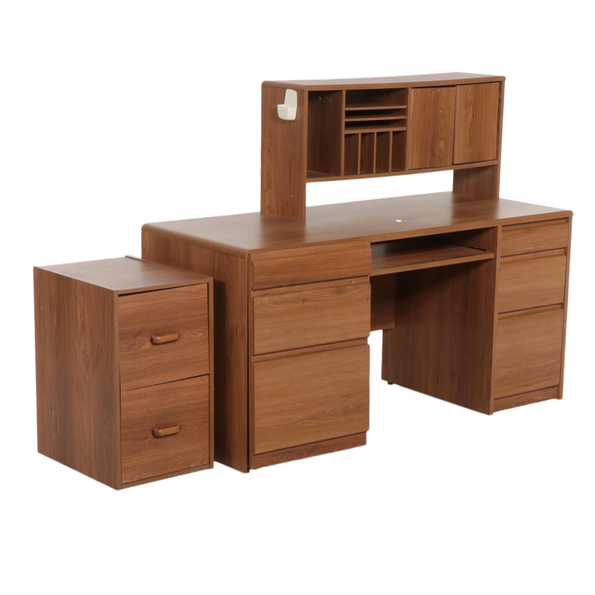 Wood-Grained Computer Desk with Hutch and File Cabinet, Late 20th Century