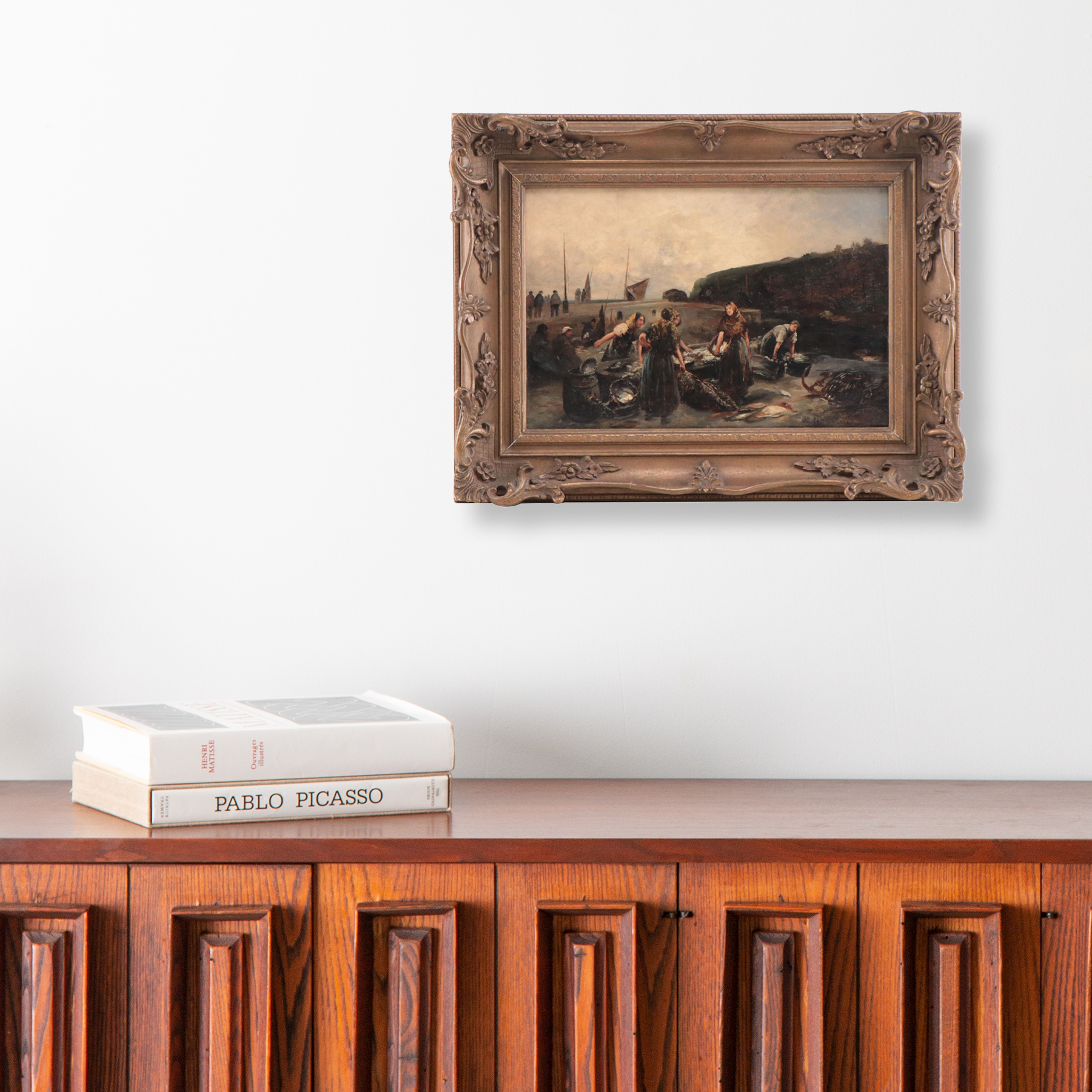 Emil Barbarini Oil Painting of Fish Market, 19th Century