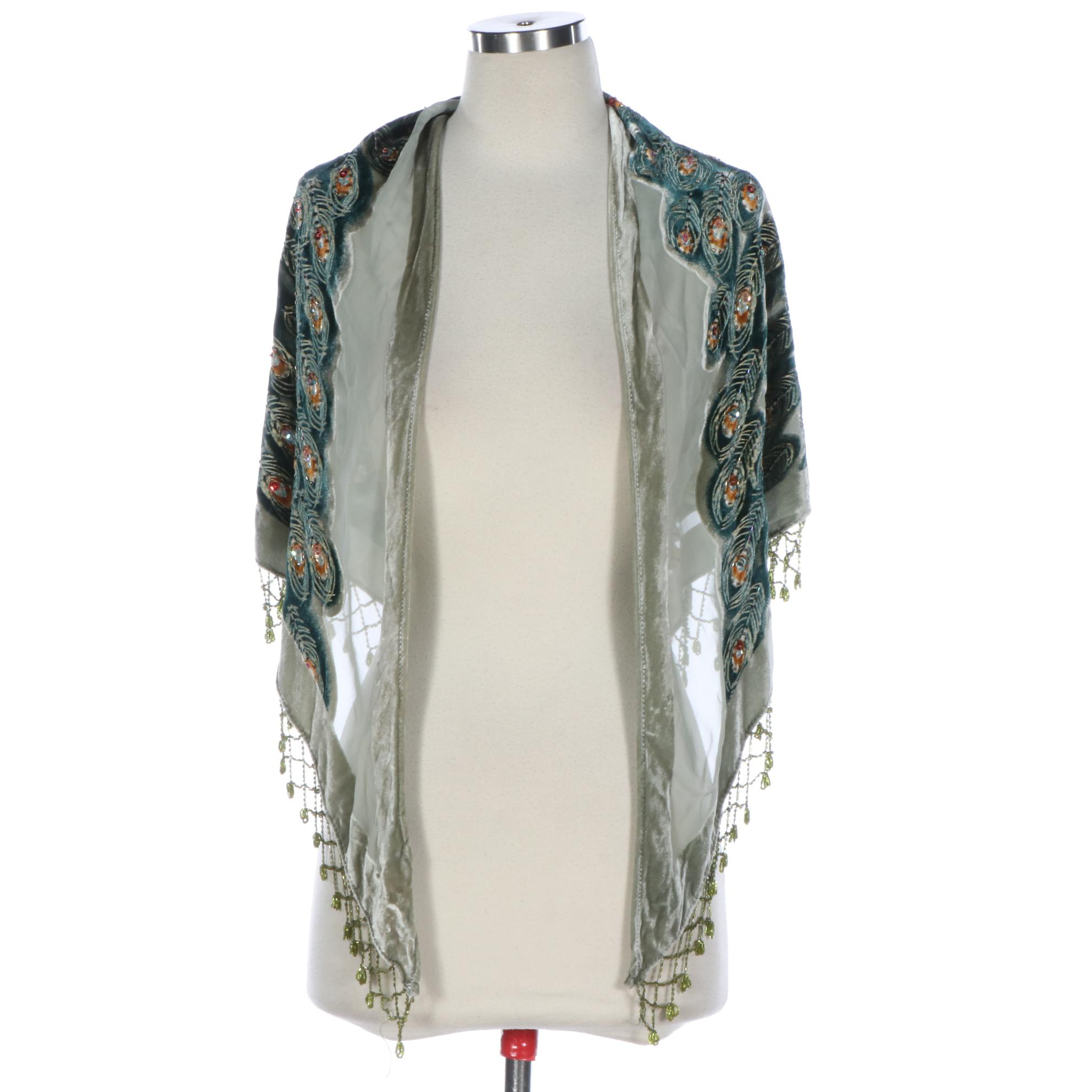 Kirks Folly Beaded Peacock Velvet Scarf Shawl