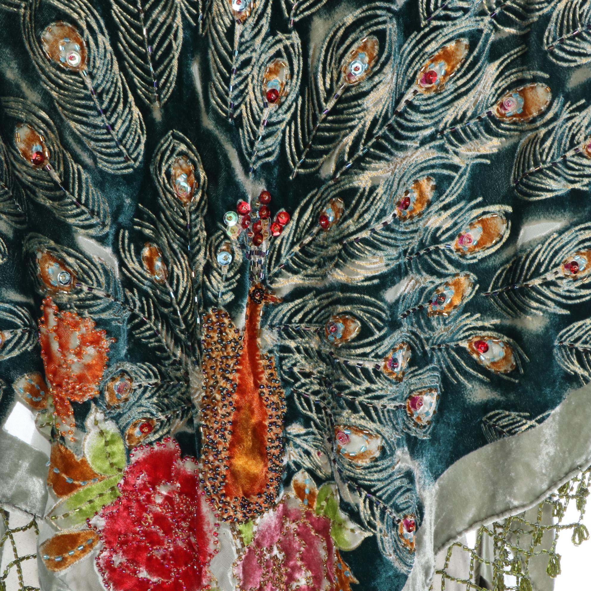 Kirks Folly Beaded Peacock Velvet Scarf Shawl