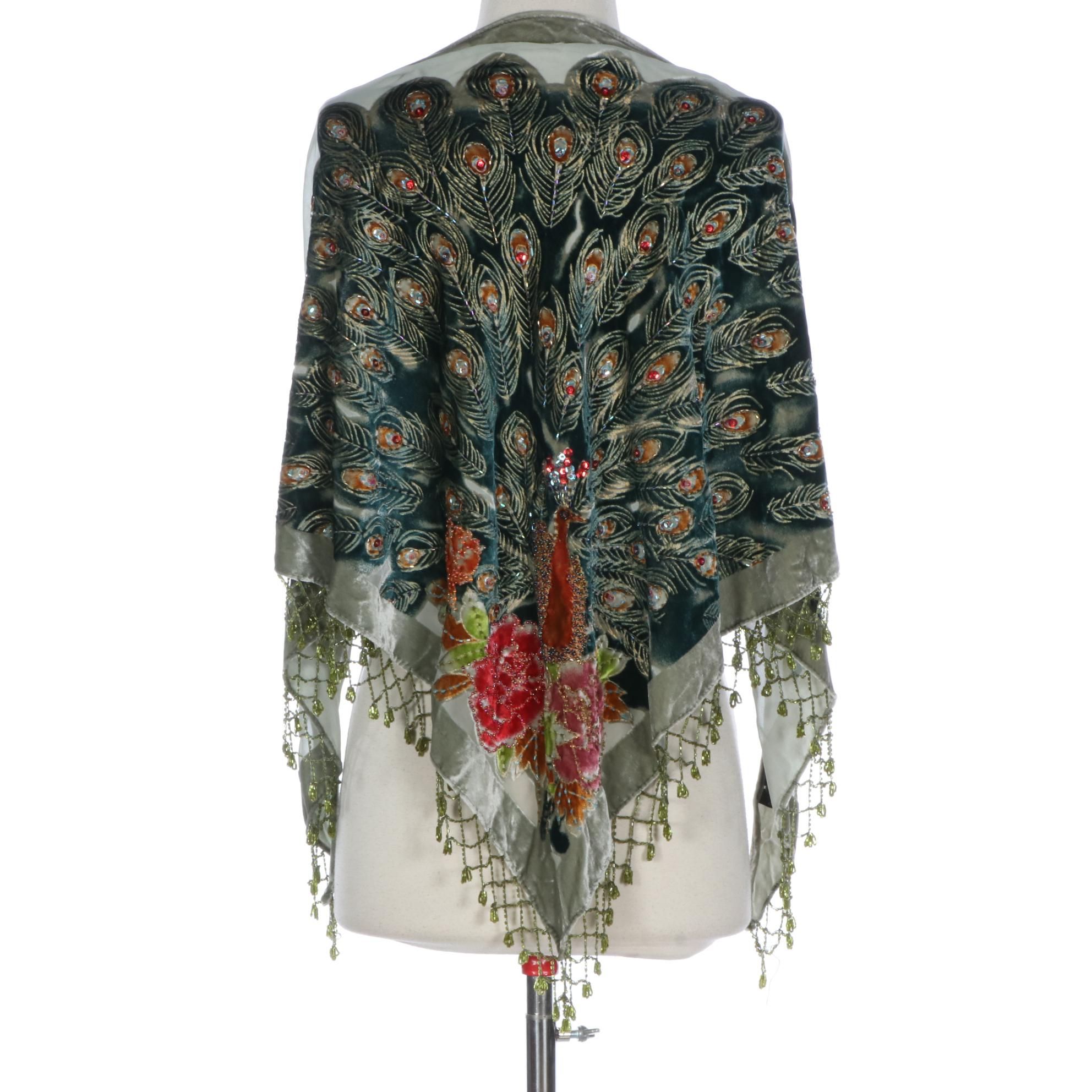 Kirks Folly Beaded Peacock Velvet Scarf Shawl