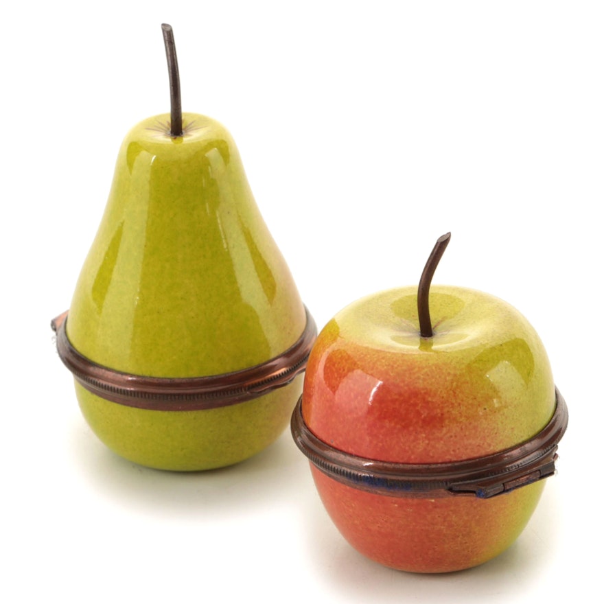 Halcyon Days Pear and Apple Enameled Copper Trinket Boxes