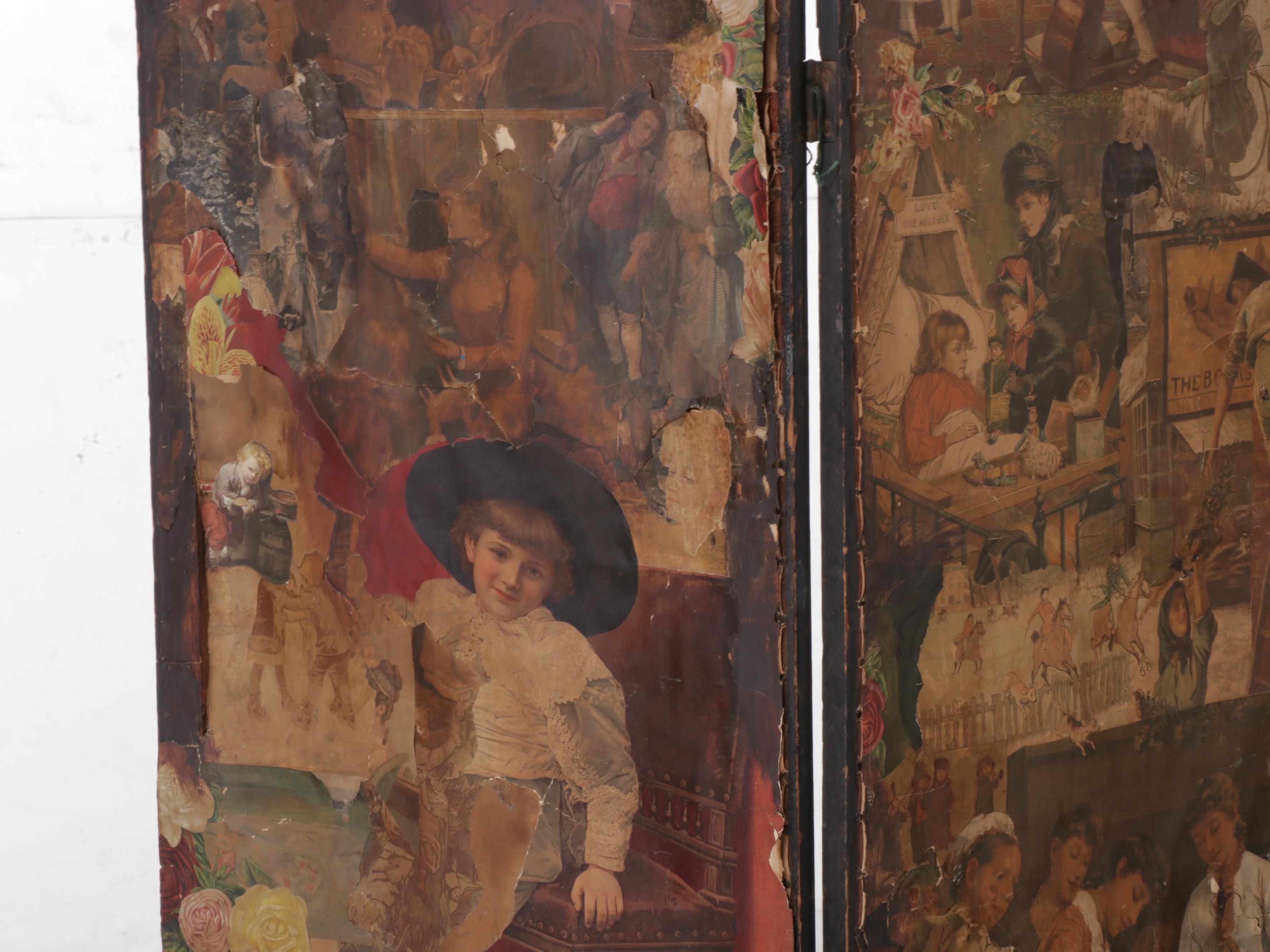 Victorian Canvas Room Screen Decoupaged with Various Victorian Prints