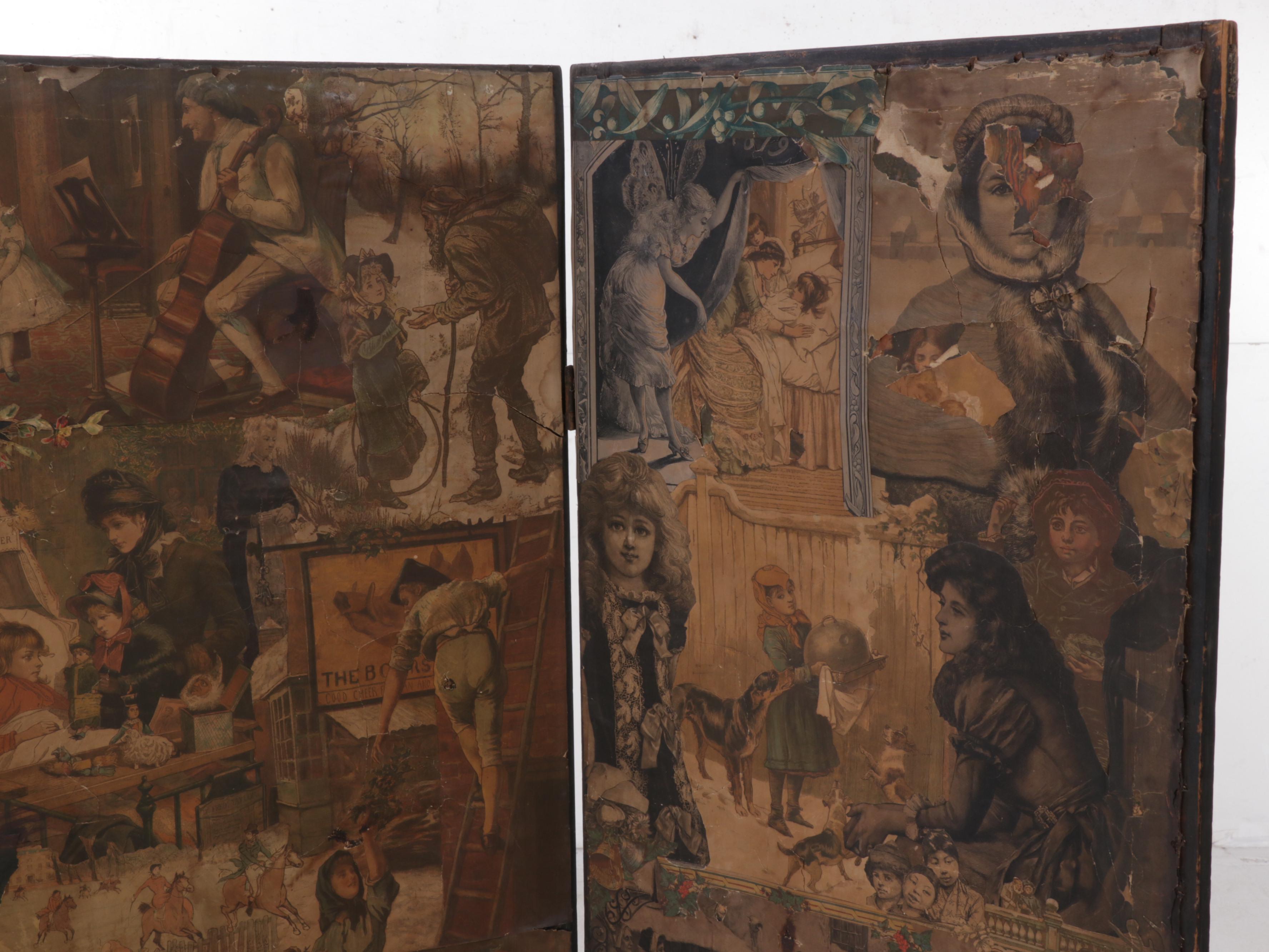 Victorian Canvas Room Screen Decoupaged with Various Victorian Prints