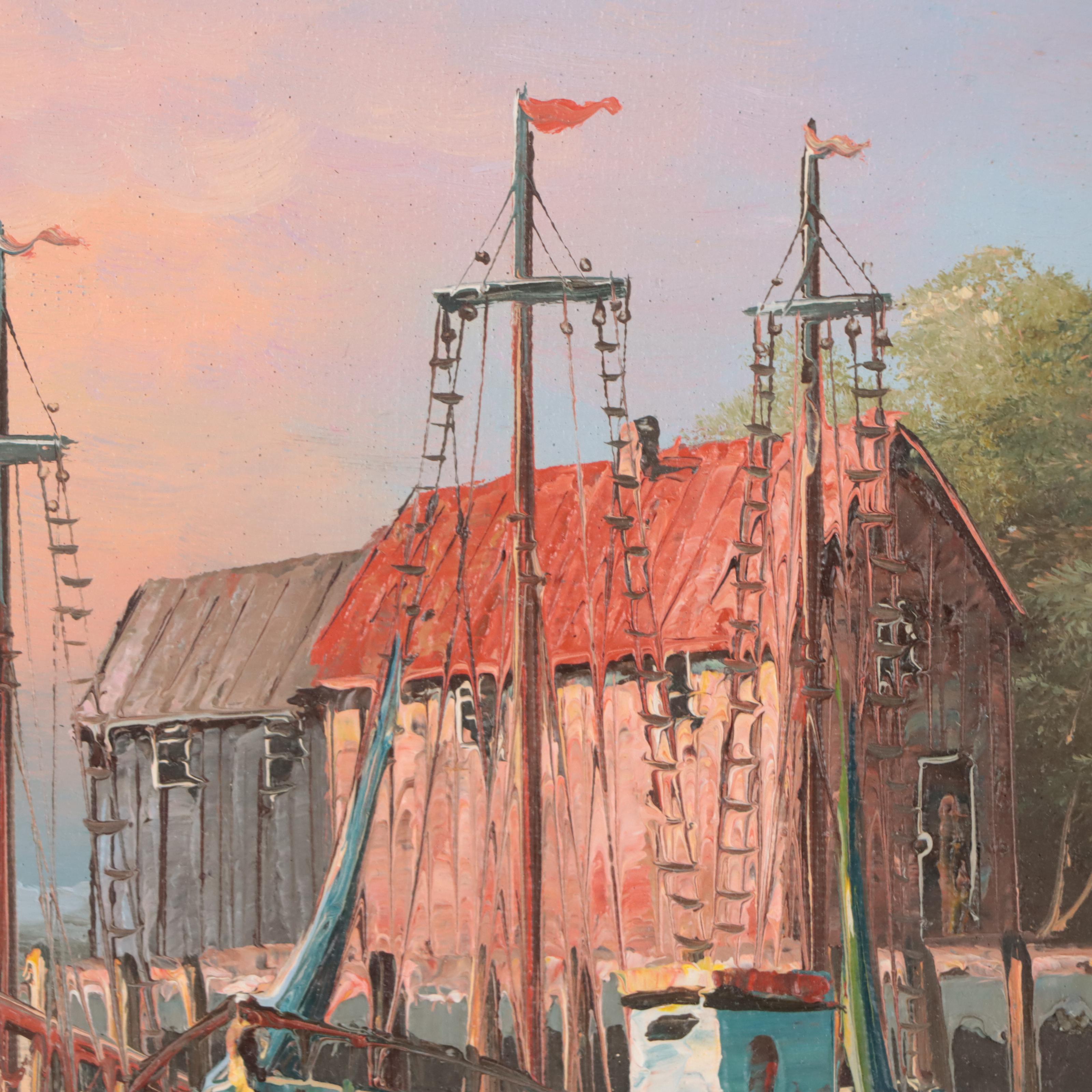 W. Sherman Sunset Harbor Scene Oil Painting