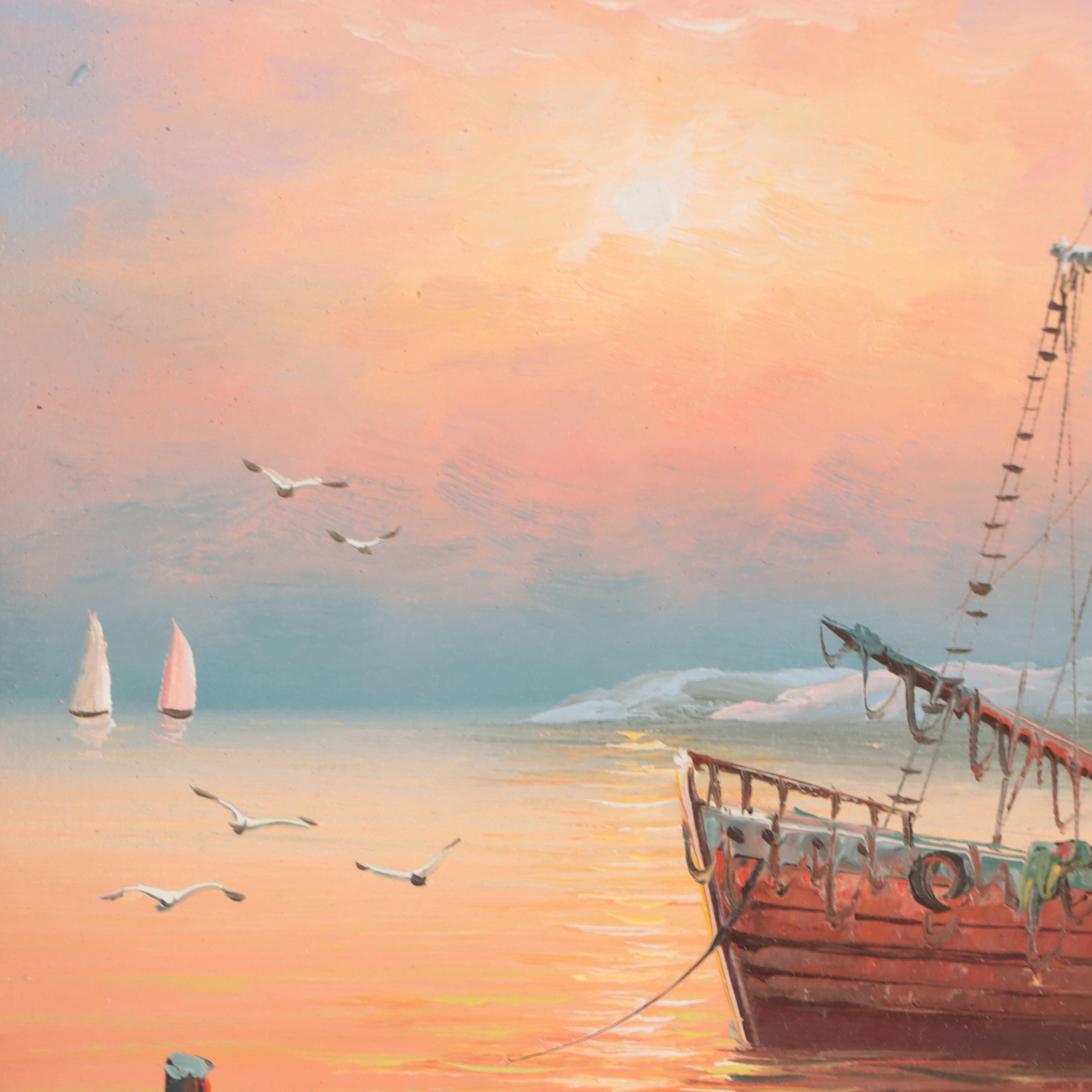 W. Sherman Sunset Harbor Scene Oil Painting