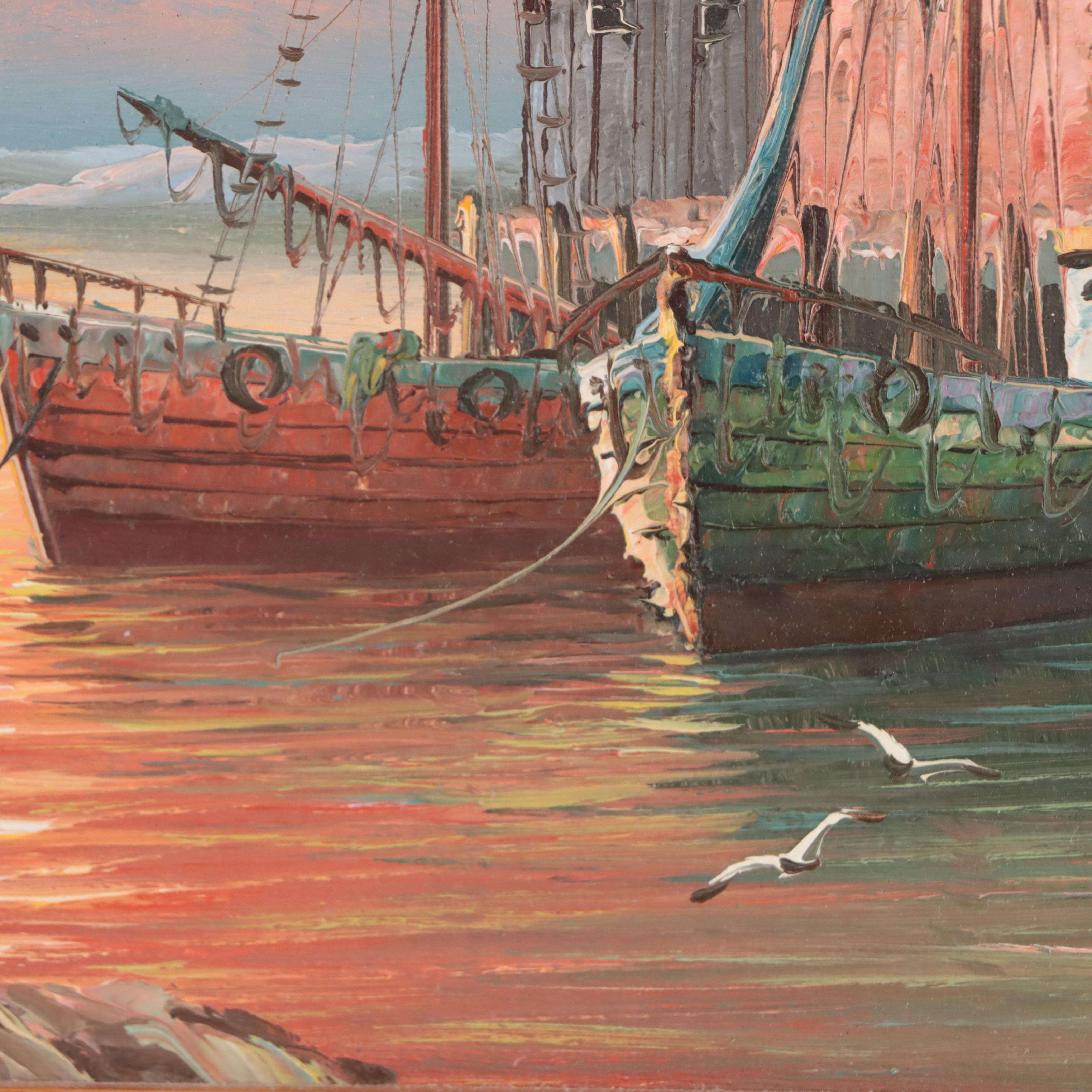 W. Sherman Sunset Harbor Scene Oil Painting