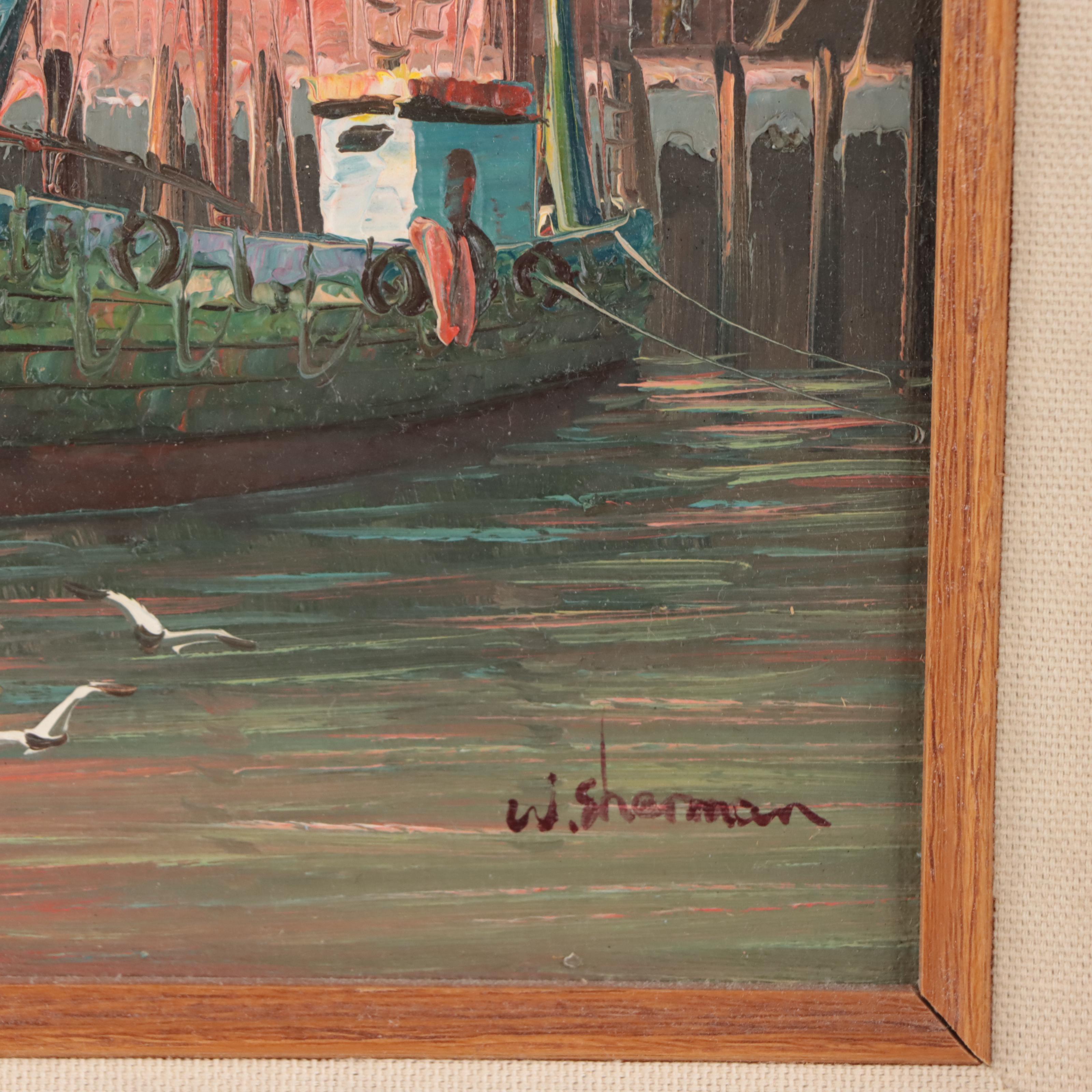 W. Sherman Sunset Harbor Scene Oil Painting