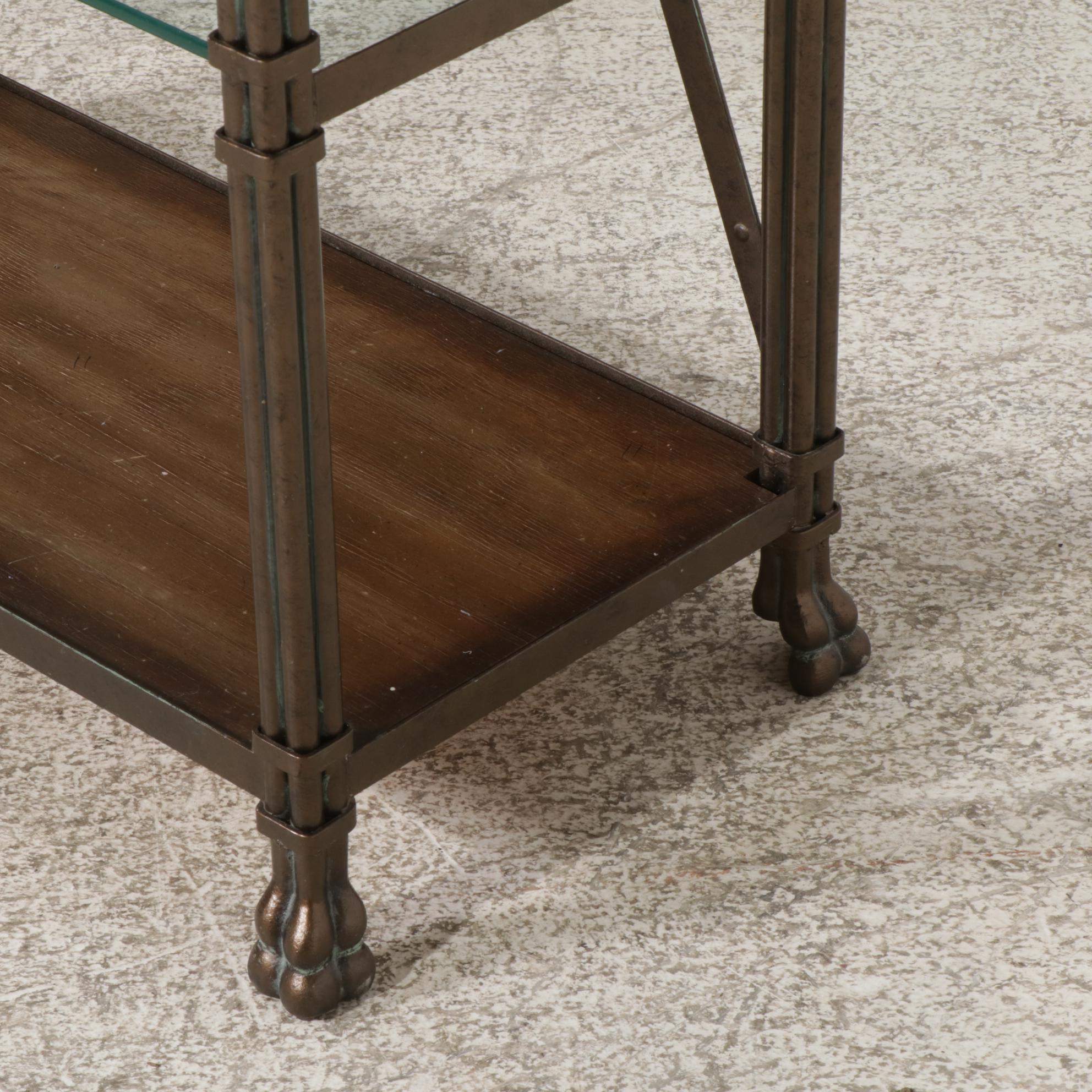 French Empire Style Patinated Metal, Wood and Glass Shelf Étagère