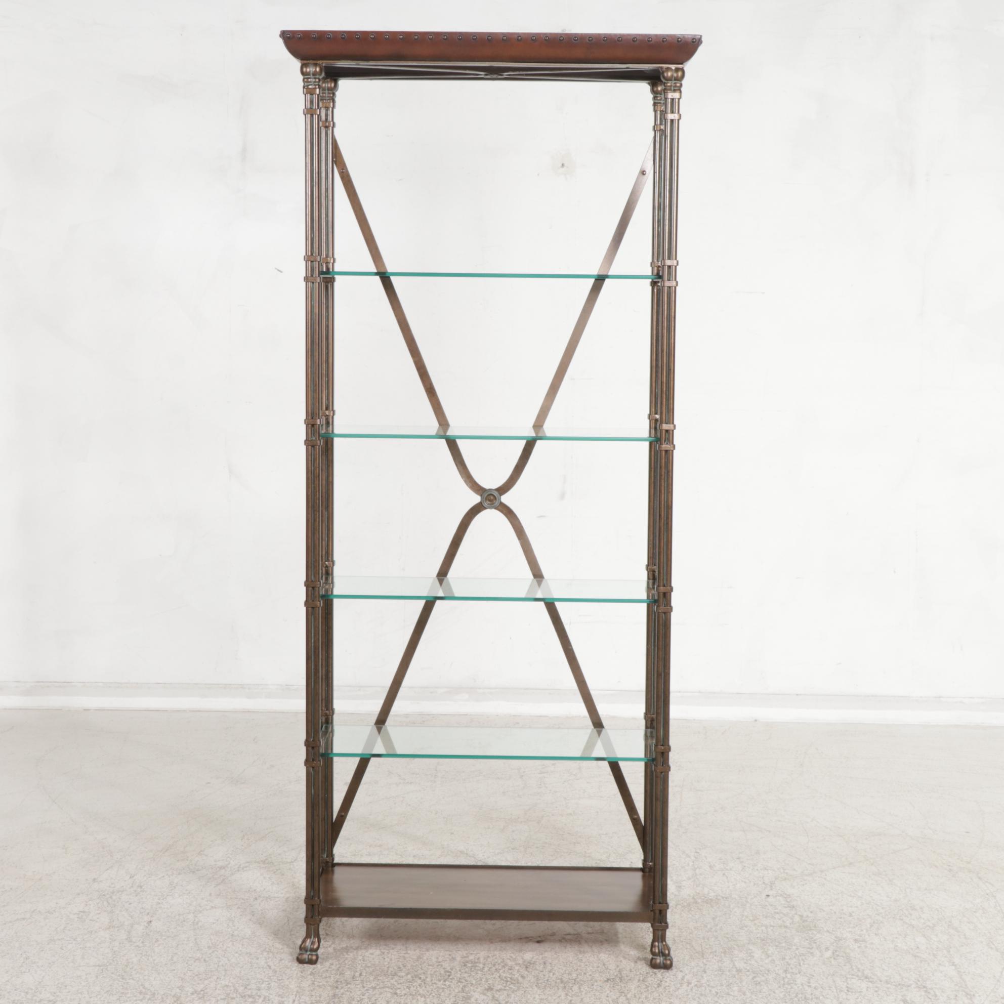 French Empire Style Patinated Metal, Wood and Glass Shelf Étagère