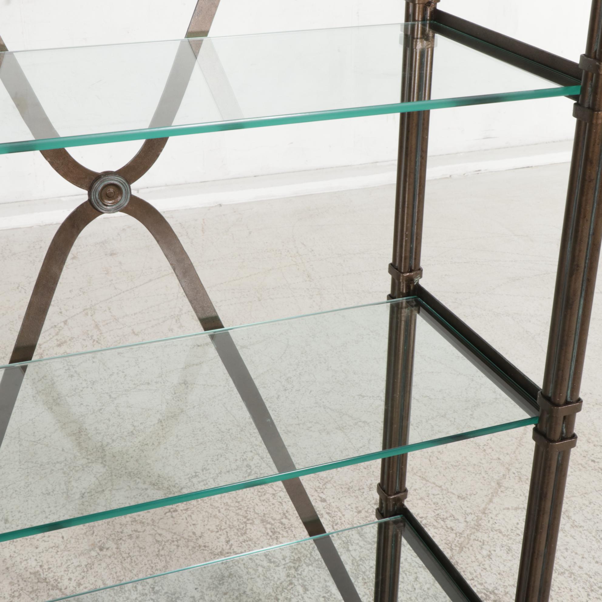 French Empire Style Patinated Metal, Wood and Glass Shelf Étagère