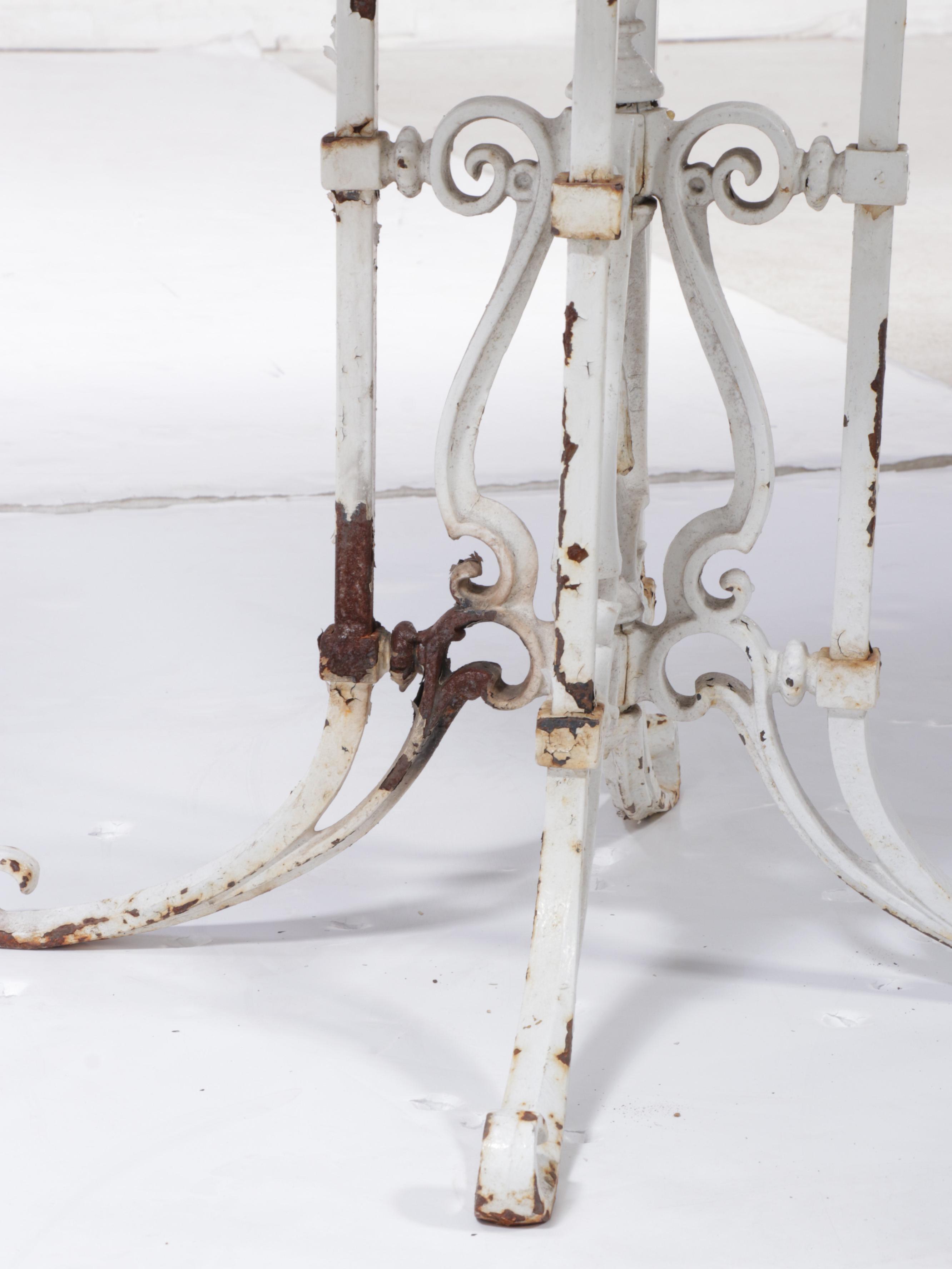 Wrought Iron and Marble Cafe Table with Metalwork Chairs