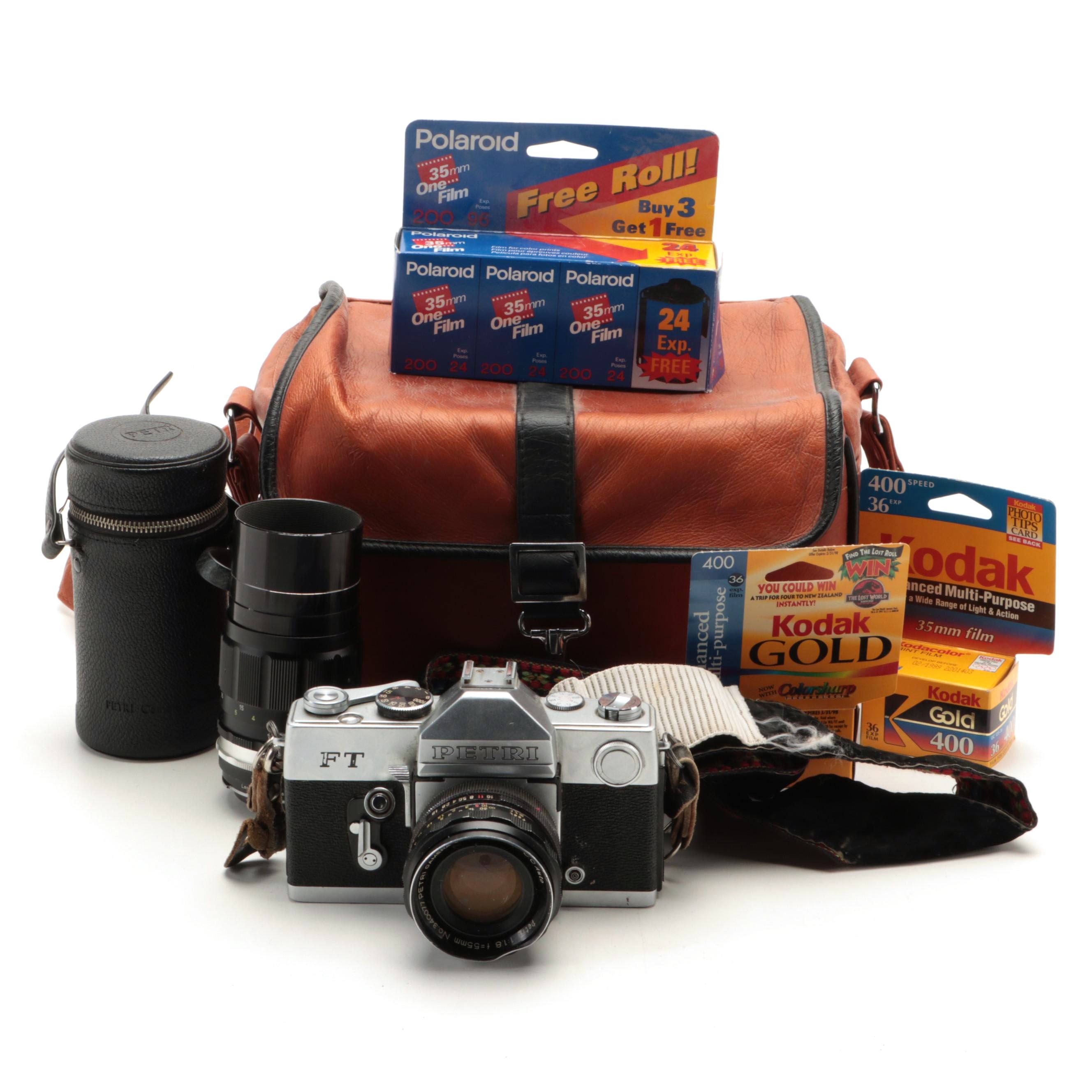 Petri 35mm Camera With Lenses, Film and Leather Case, Late 20th Century