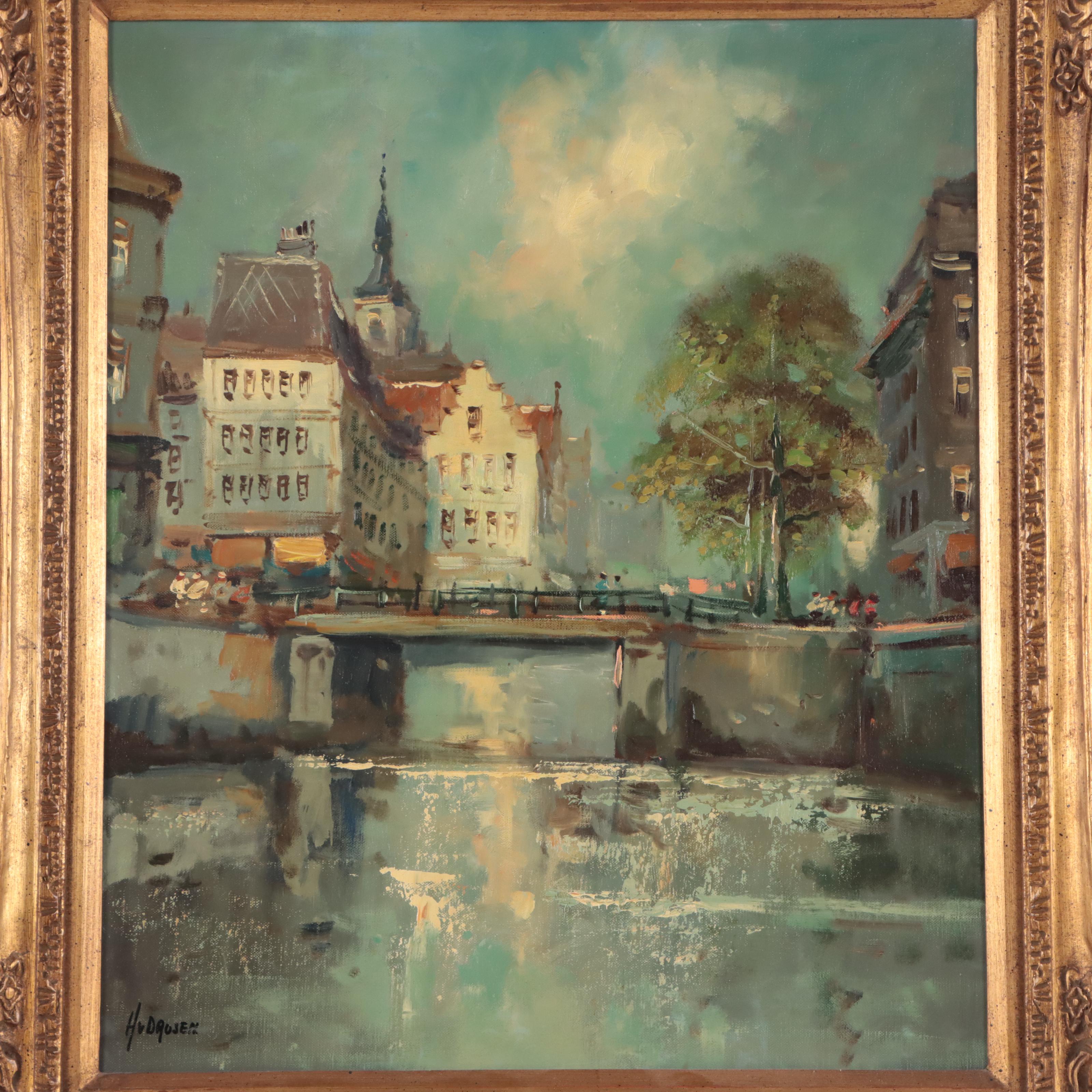 H. Drosen European Village Oil Painting, Late 20th Century