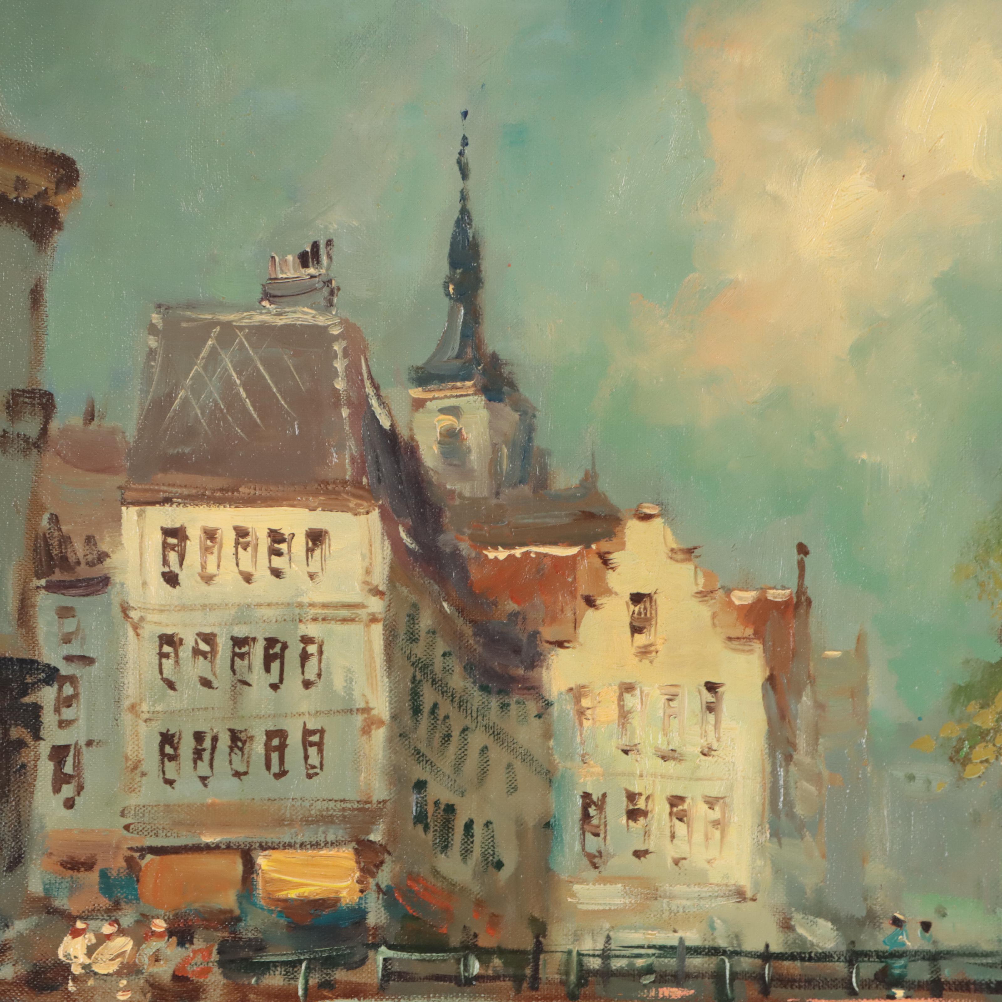 H. Drosen European Village Oil Painting, Late 20th Century