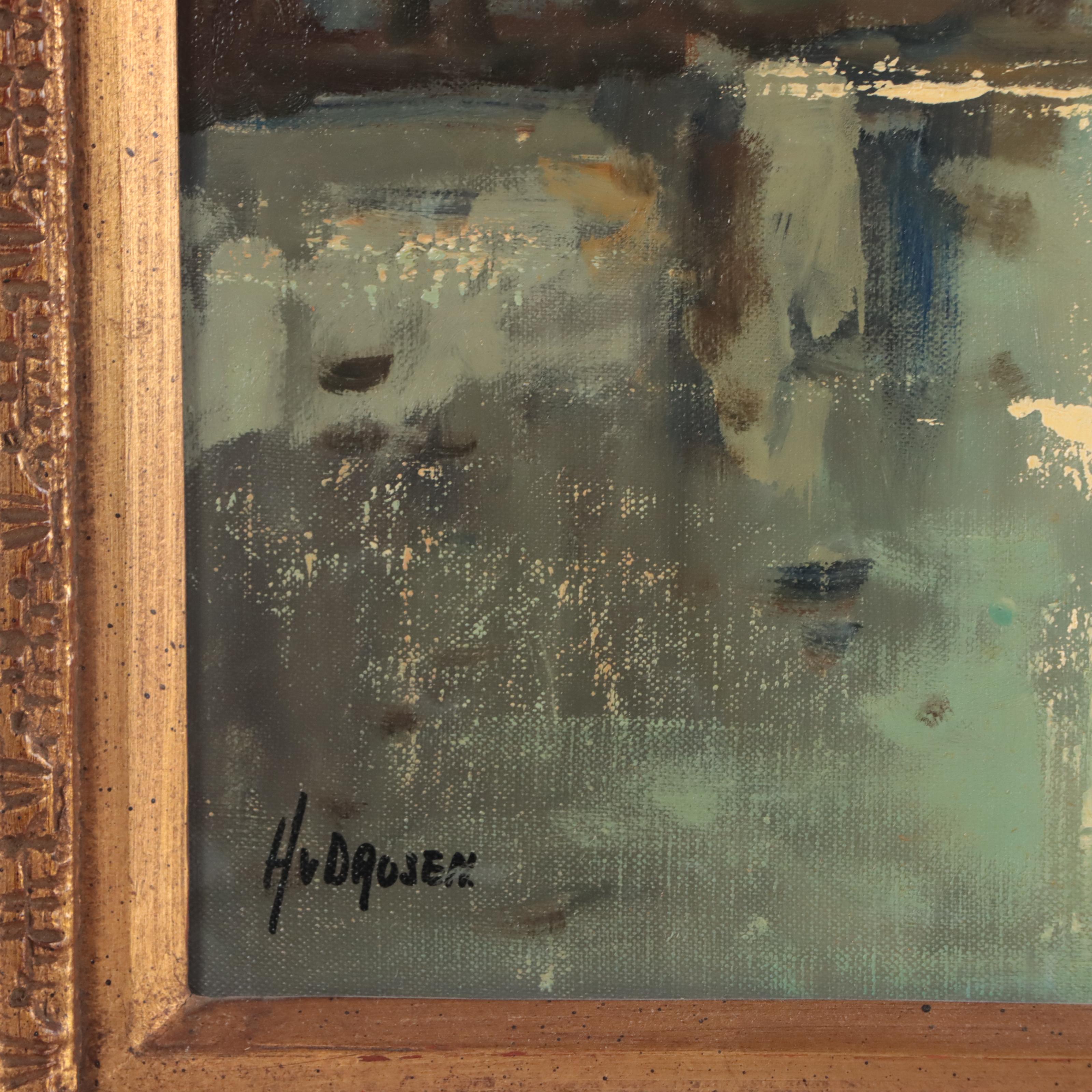 H. Drosen European Village Oil Painting, Late 20th Century