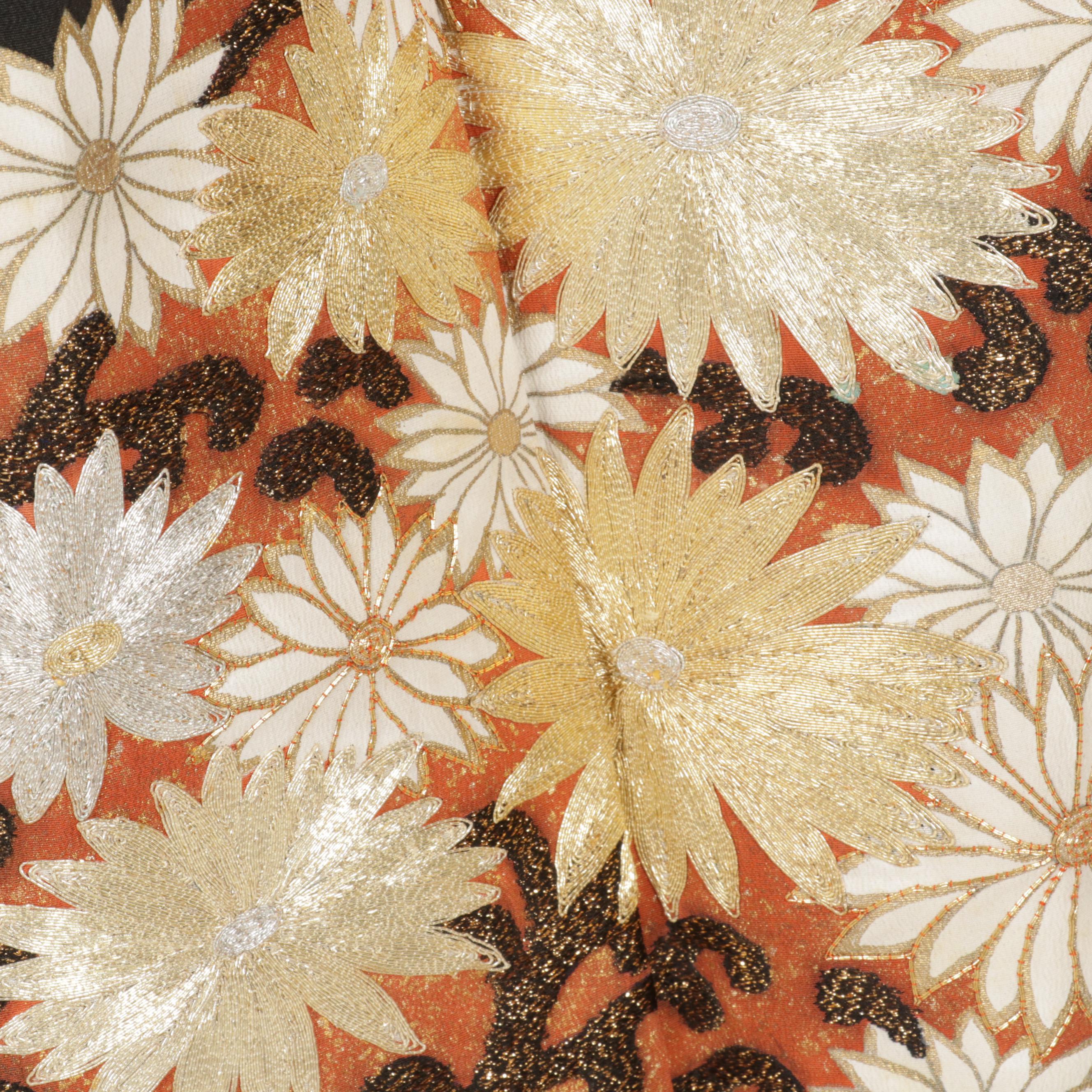 Five-Mon Kurotomesode Kimono with Hand-Embroidered Floral Details