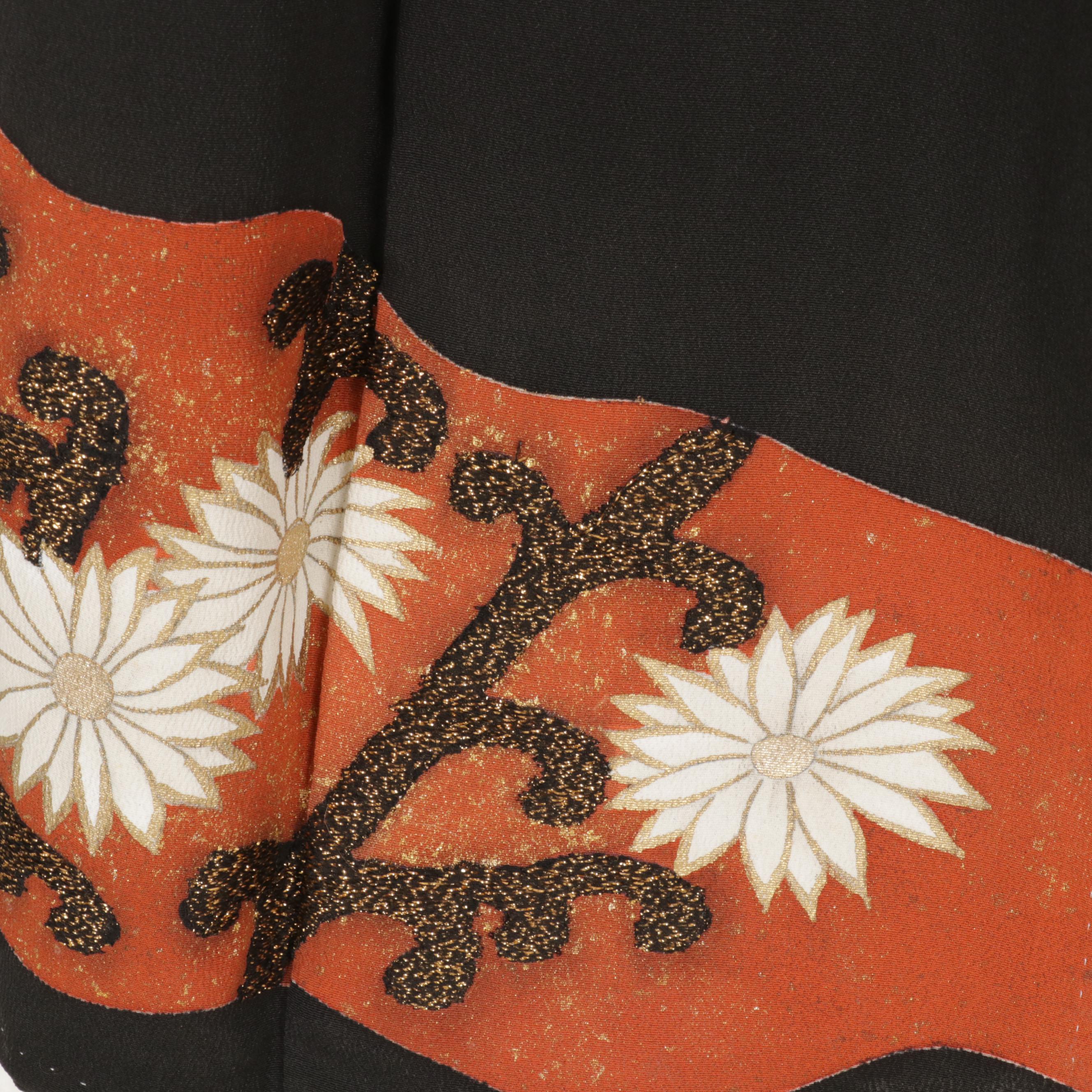 Five-Mon Kurotomesode Kimono with Hand-Embroidered Floral Details