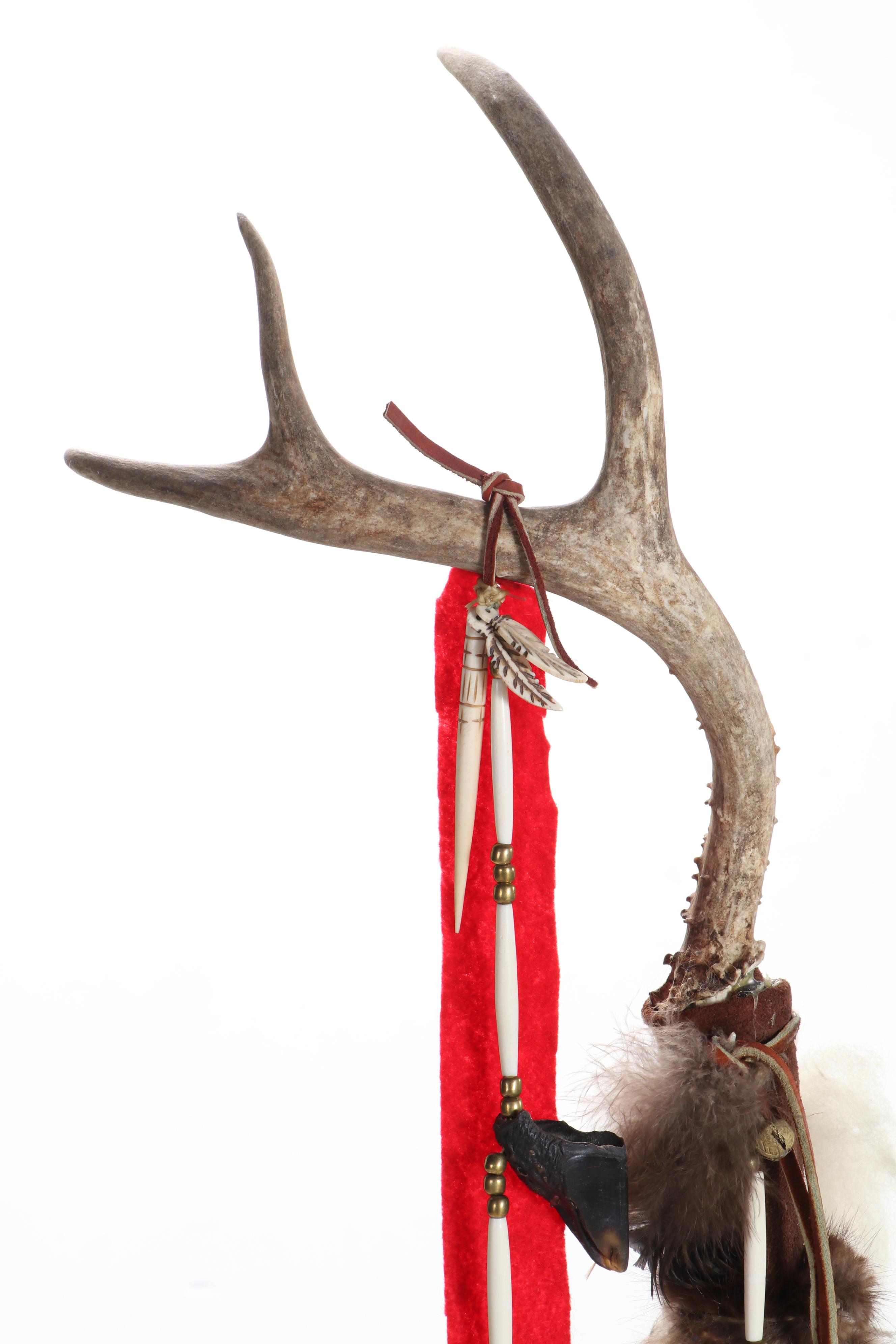 Native American Style Handmade Antler, Jawbone, Hoof and Mink War Staff on Stand
