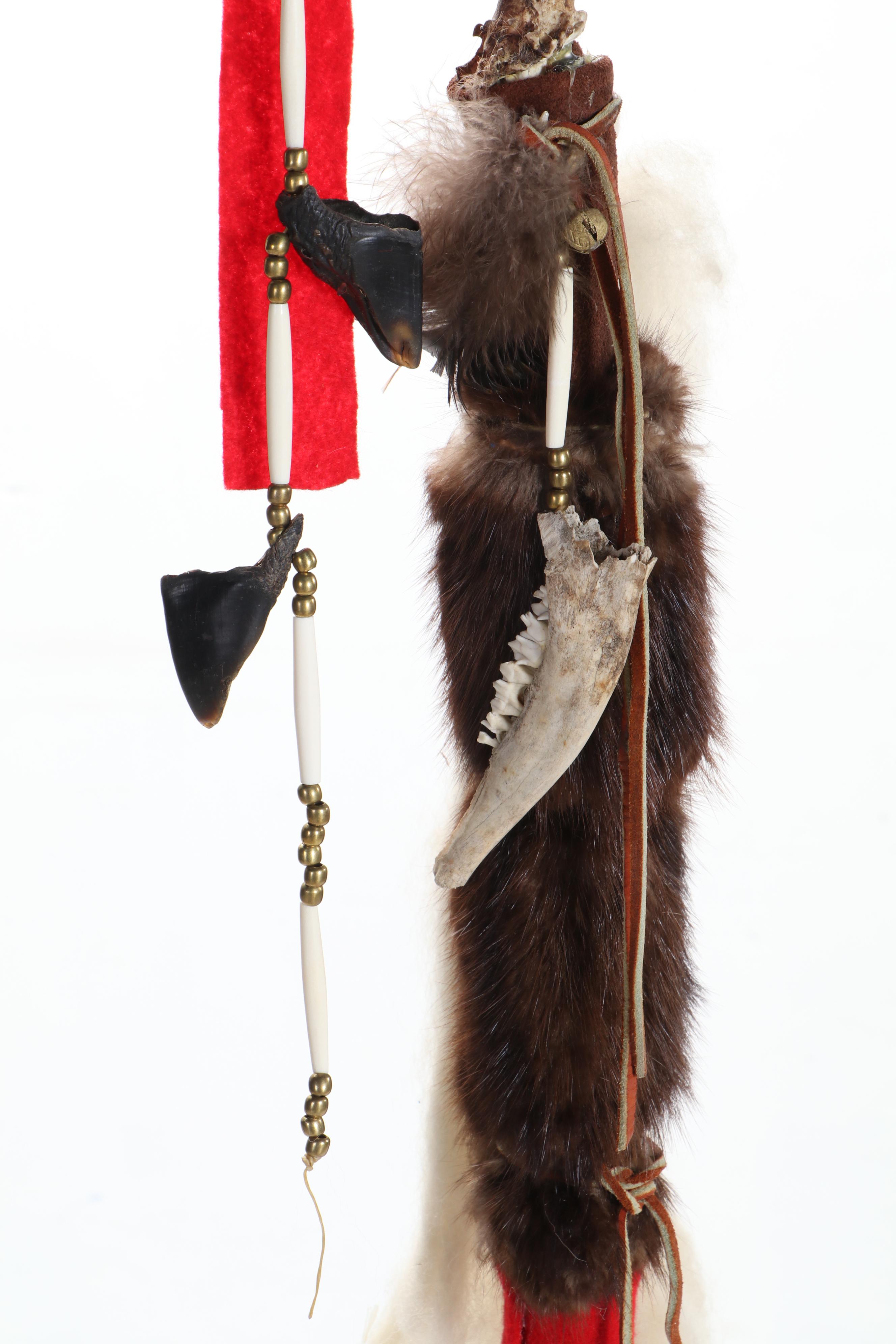 Native American Style Handmade Antler, Jawbone, Hoof and Mink War Staff on Stand
