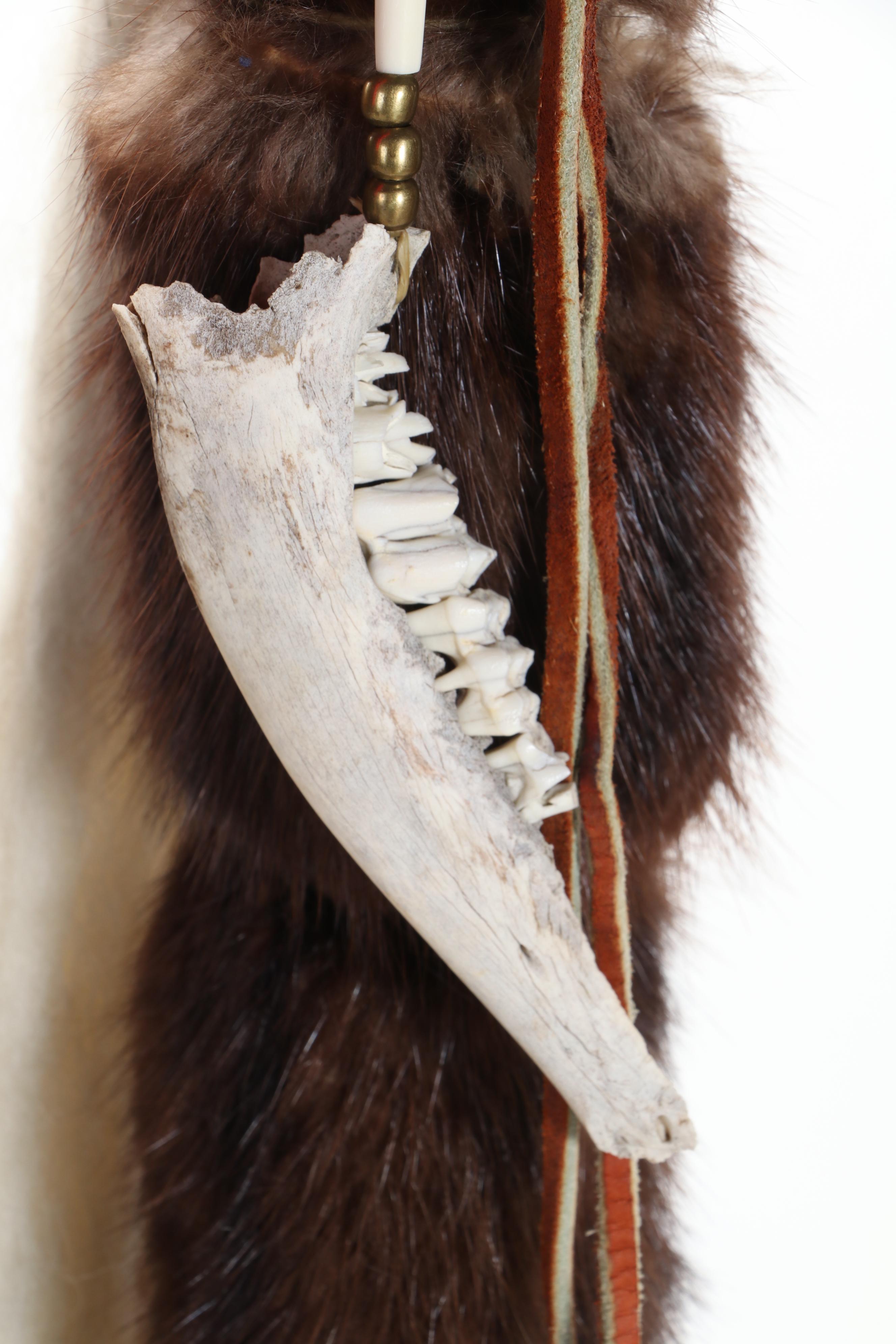 Native American Style Handmade Antler, Jawbone, Hoof and Mink War Staff on Stand