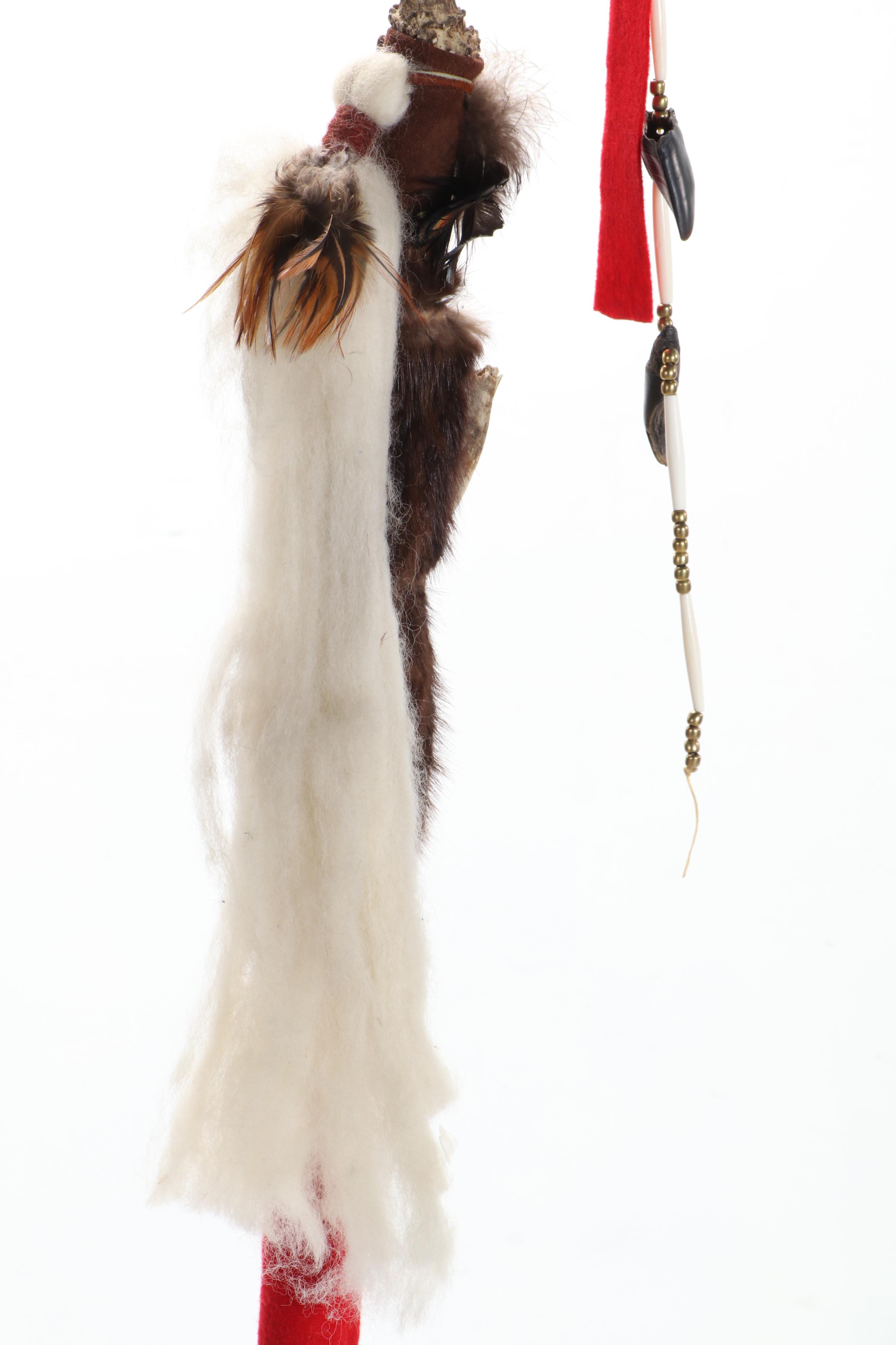 Native American Style Handmade Antler, Jawbone, Hoof and Mink War Staff on Stand