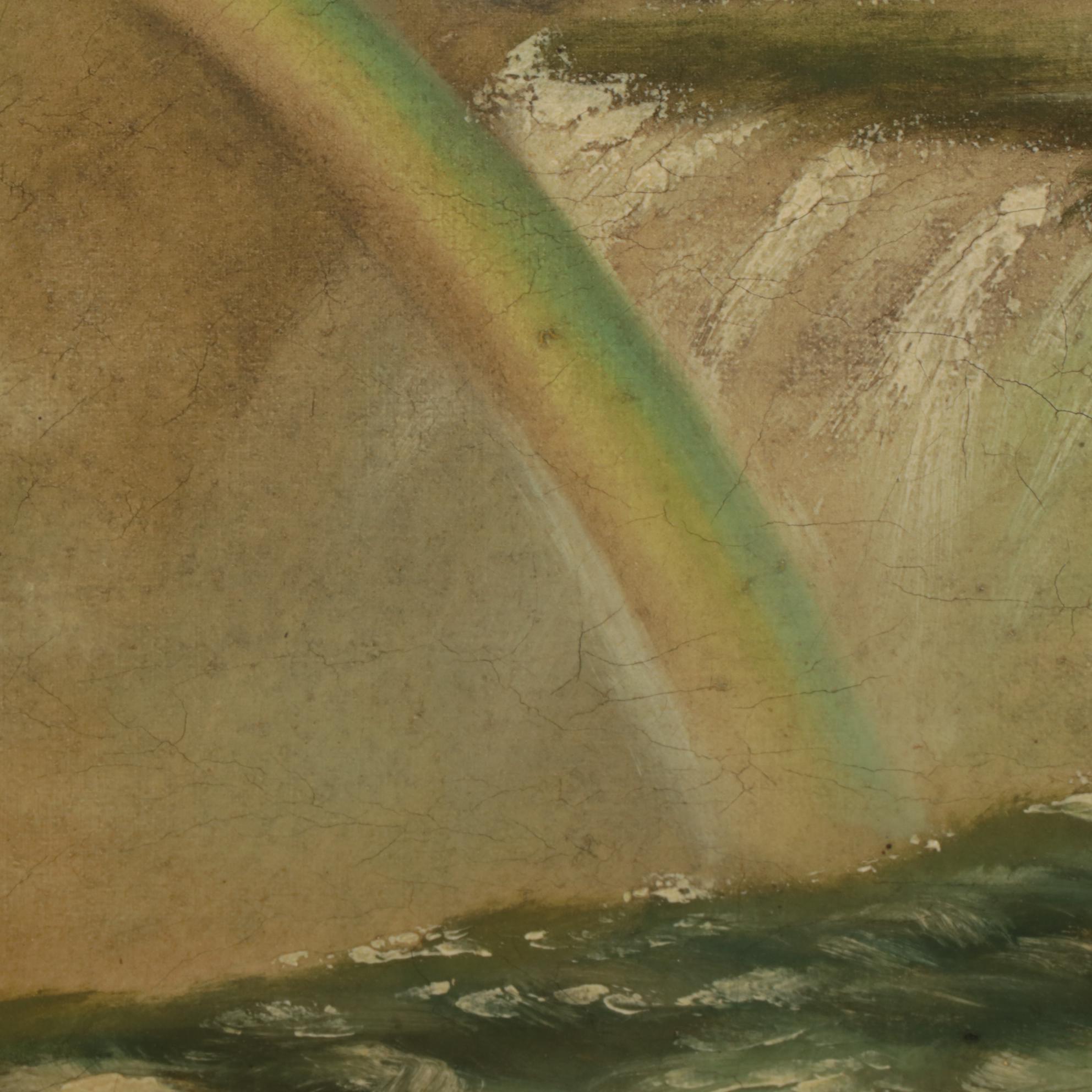 Landscape Oil Painting of Rainbow on Waterfall, Circa 1900