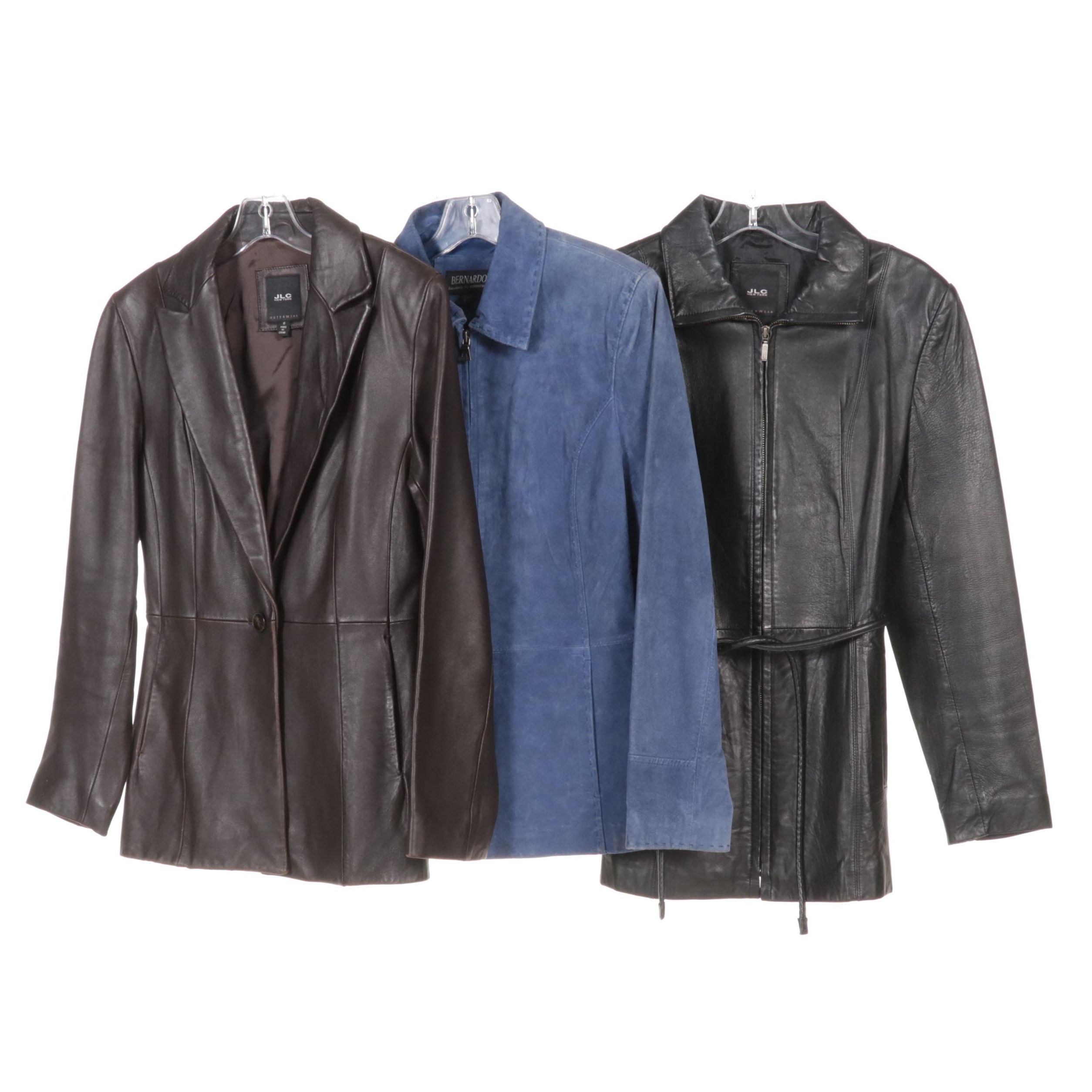 JLC New York Brown and Black Leather Jackets with Bernardo Blue Suede Jacket
