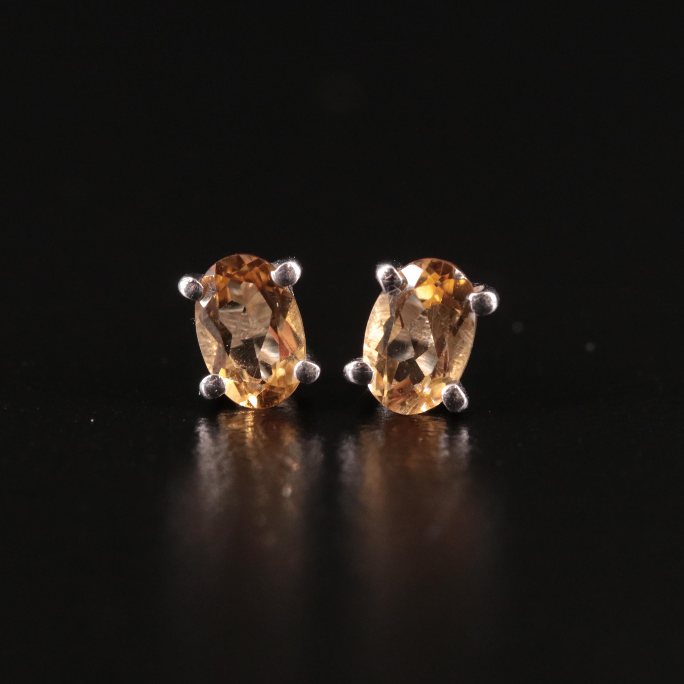 Sterling Citrine Solitaire Stud Earrings