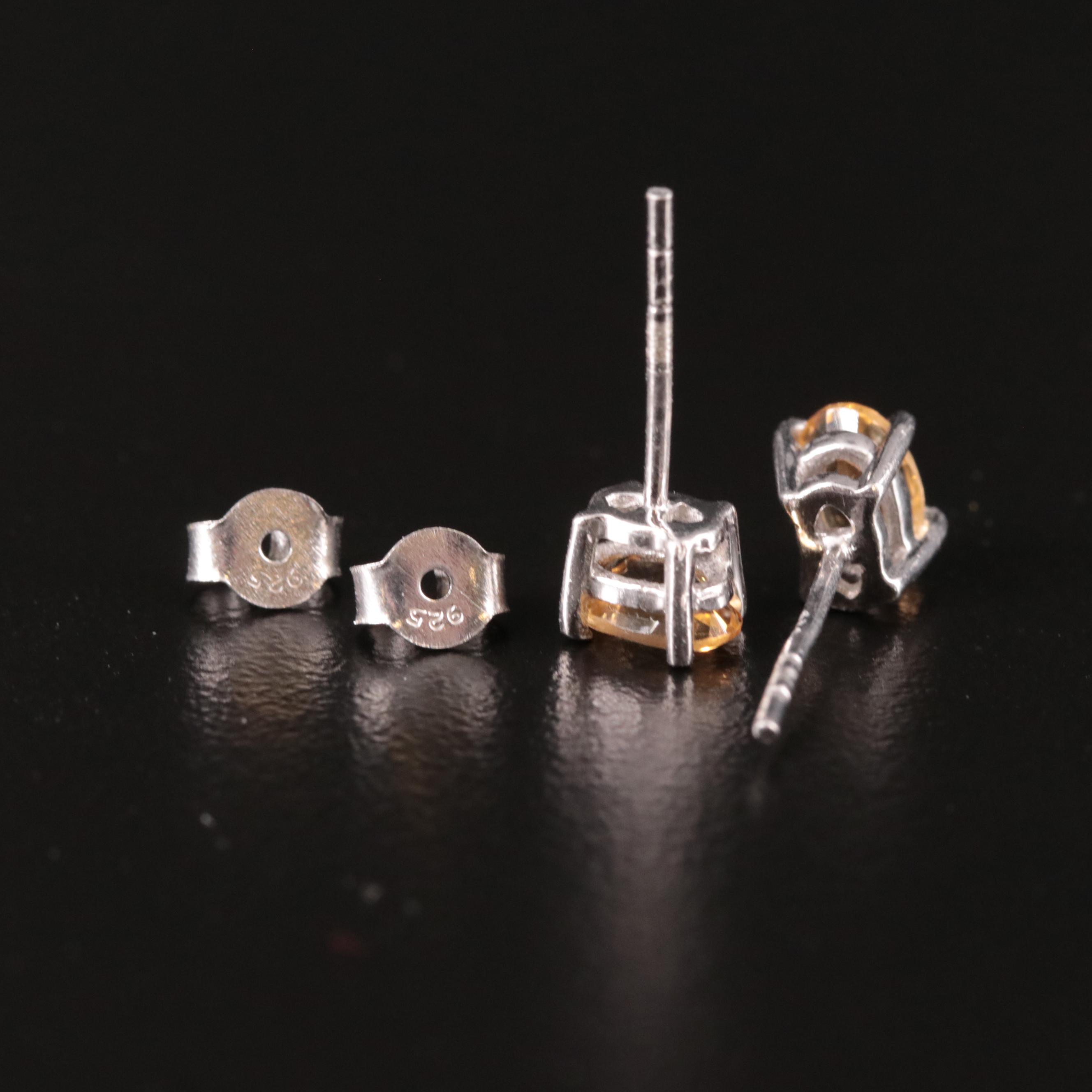 Sterling Citrine Solitaire Stud Earrings