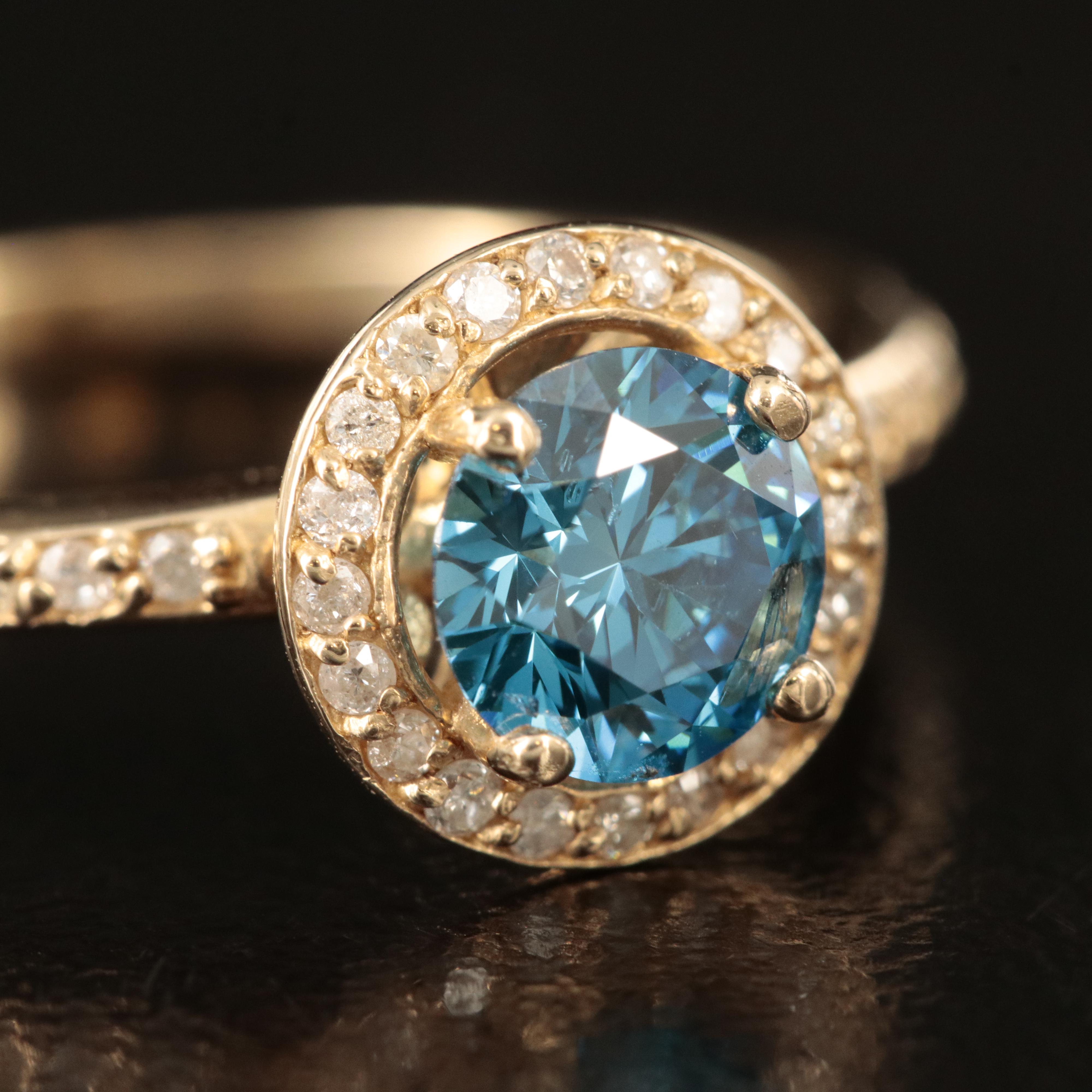 14K 1.01 CTW Diamond Halo Ring with Fancy Intense Blue Center