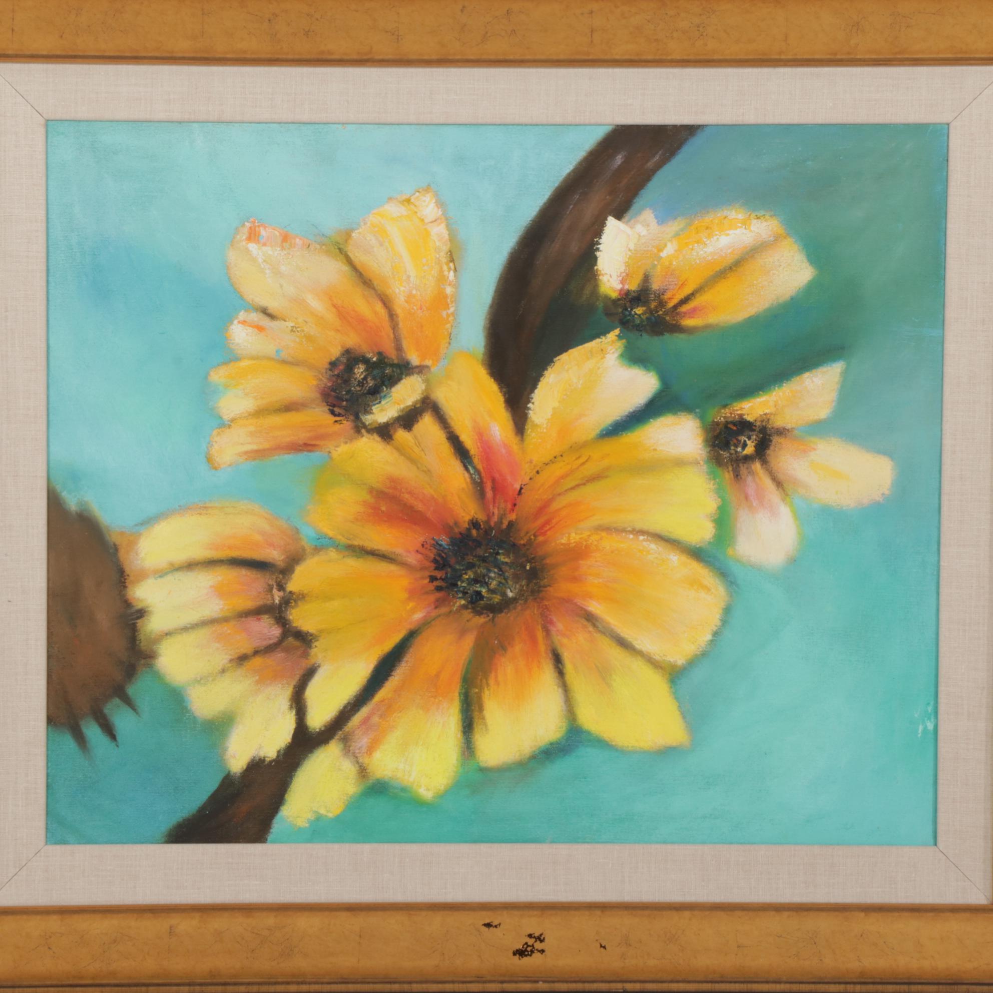 Folk Art Oil Painting of Flowers on Branch, Circa 2000