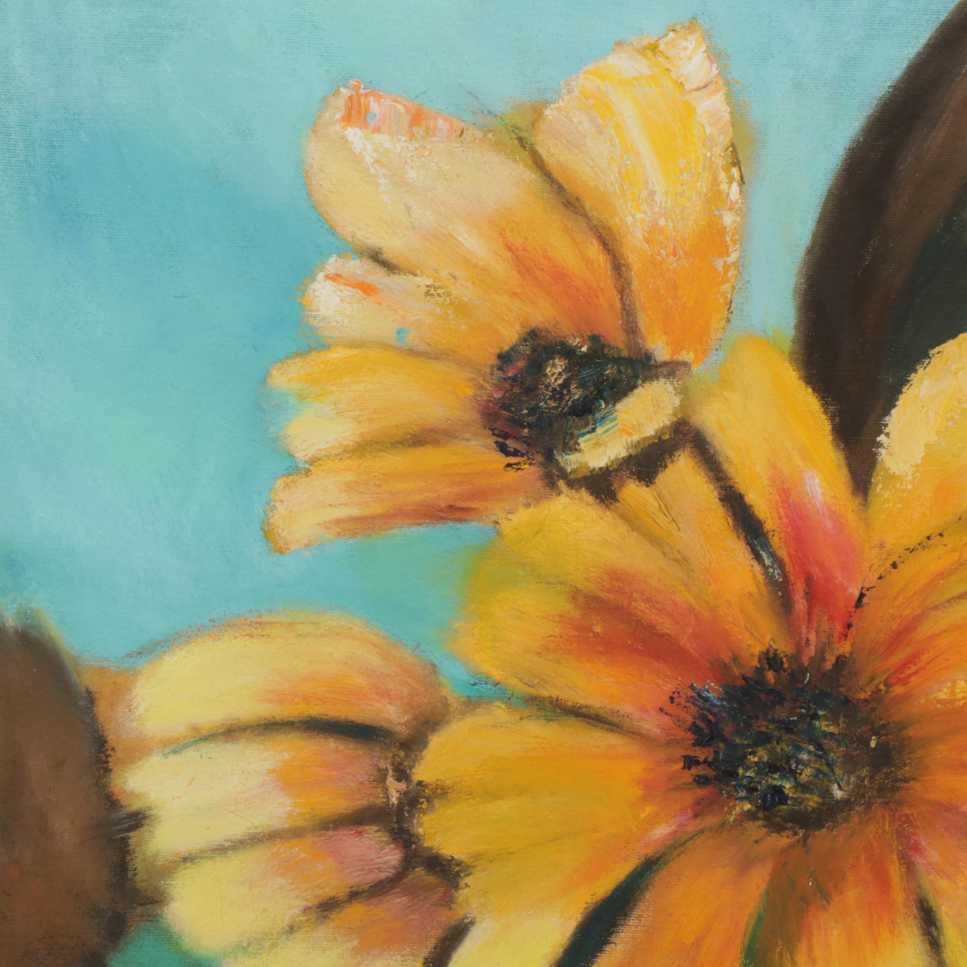 Folk Art Oil Painting of Flowers on Branch, Circa 2000