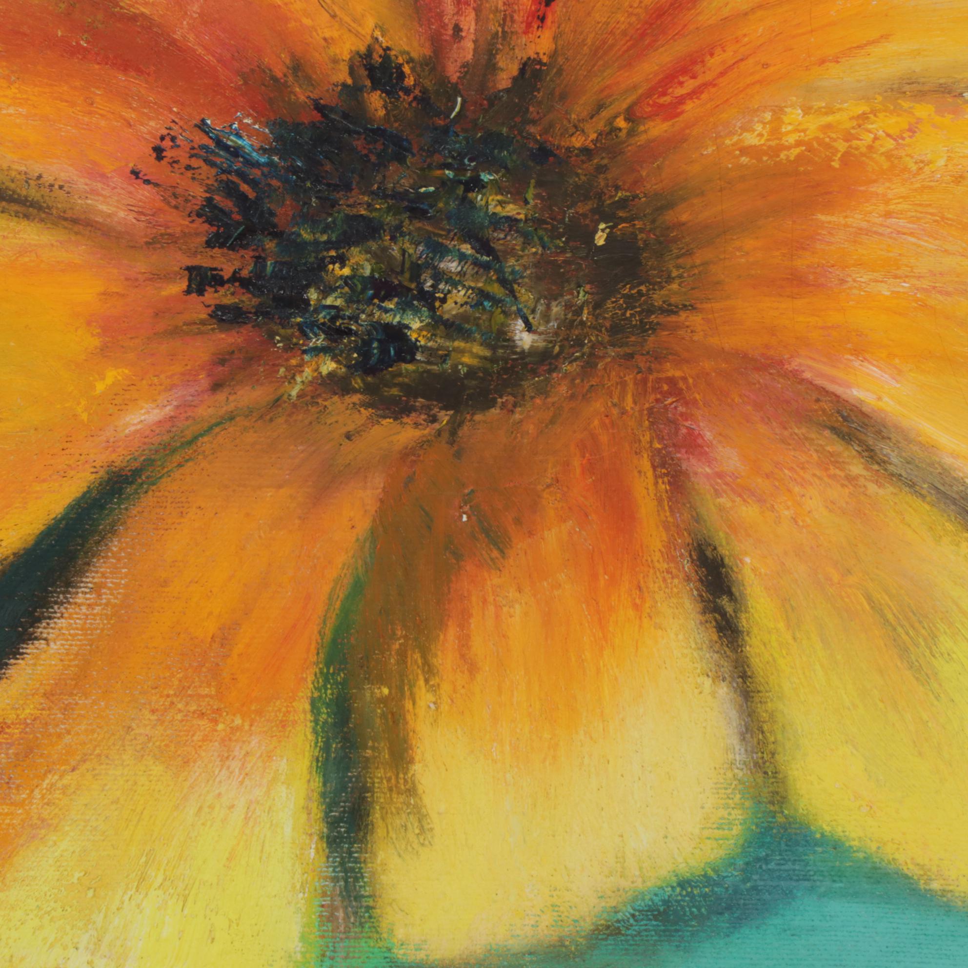 Folk Art Oil Painting of Flowers on Branch, Circa 2000