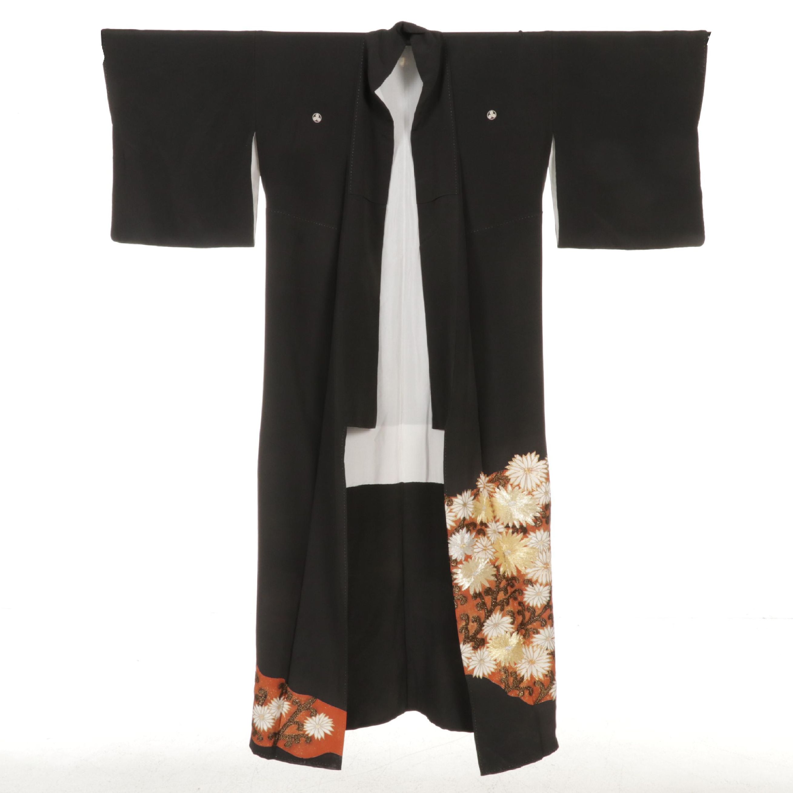 Five-Mon Kurotomesode Kimono with Hand-Embroidered Floral Details